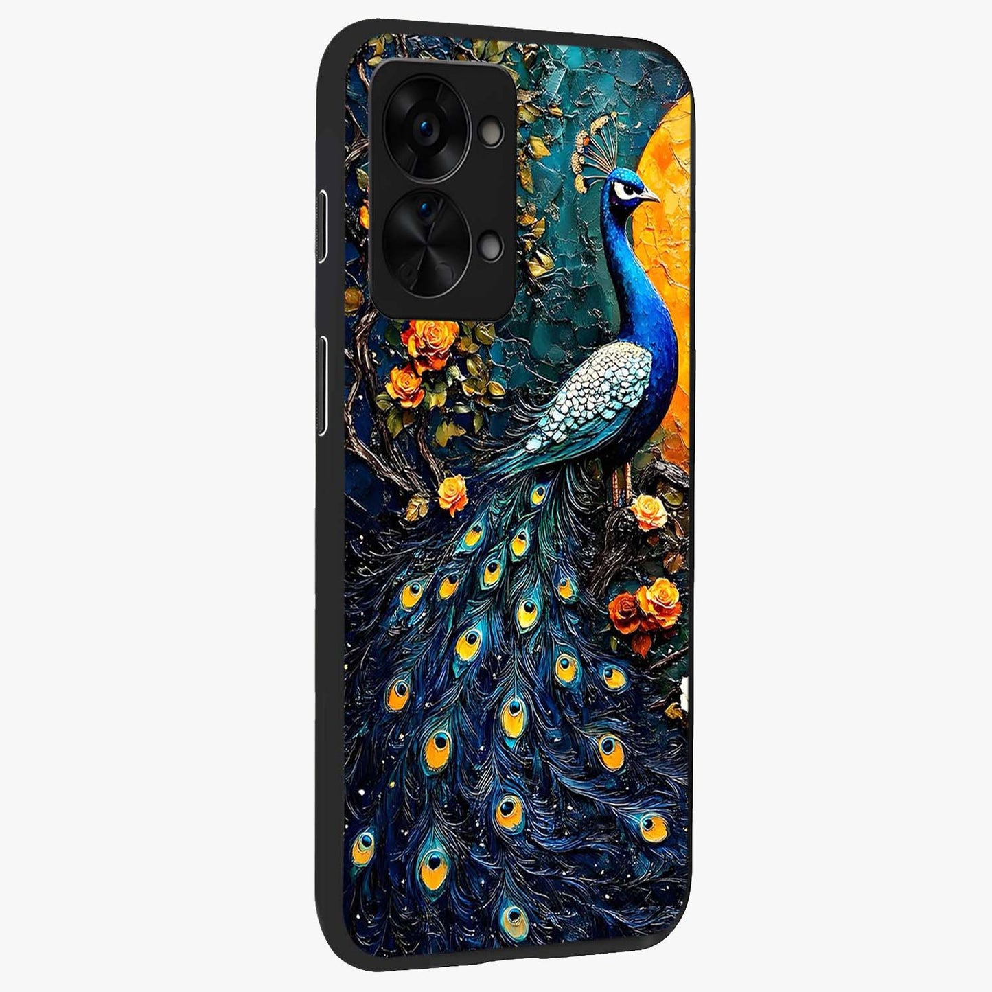 Peacock With Yellow Moon Glass Case for 1+Nord 2T side perspective highlighting vibrant plumage detailing and premium edges