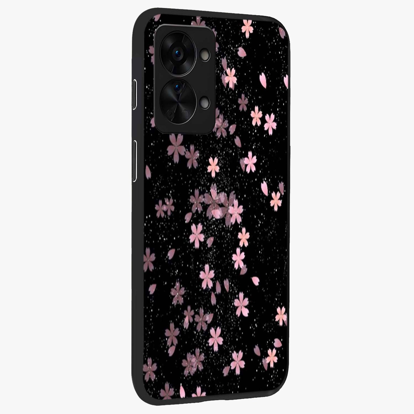 Pink Flower Black Background Glass Case for 1+Nord 2T side perspective highlighting vivid bloom textures and sleek build