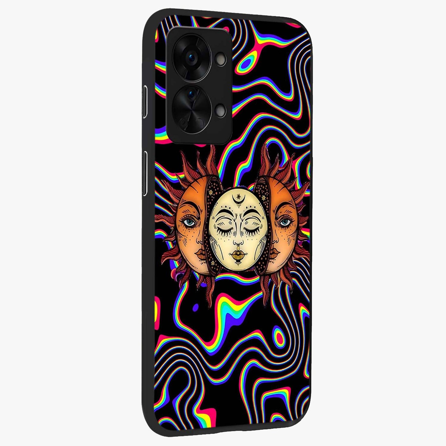 Psychedelic Sun Glass Case for 1+Nord 2T side perspective highlighting vivid gradients and premium edge finish