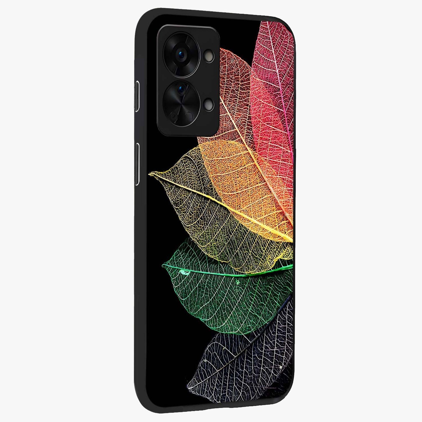 Rainbow Leaf Glow Glass Case for 1+Nord 2T side perspective highlighting bright detailing and premium edge finish