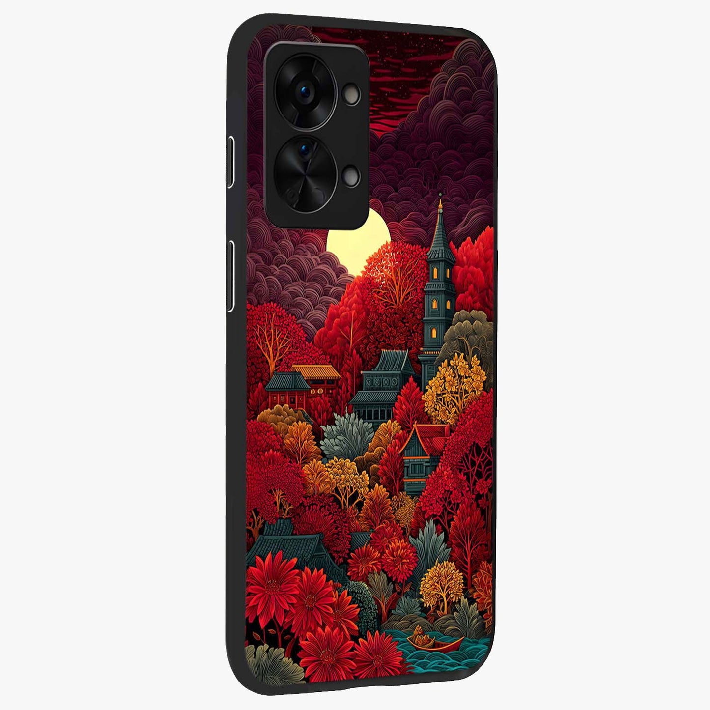 Red Scenery Hot Glass Case for 1+Nord 2T side perspective highlighting vivid gradient textures and smooth build