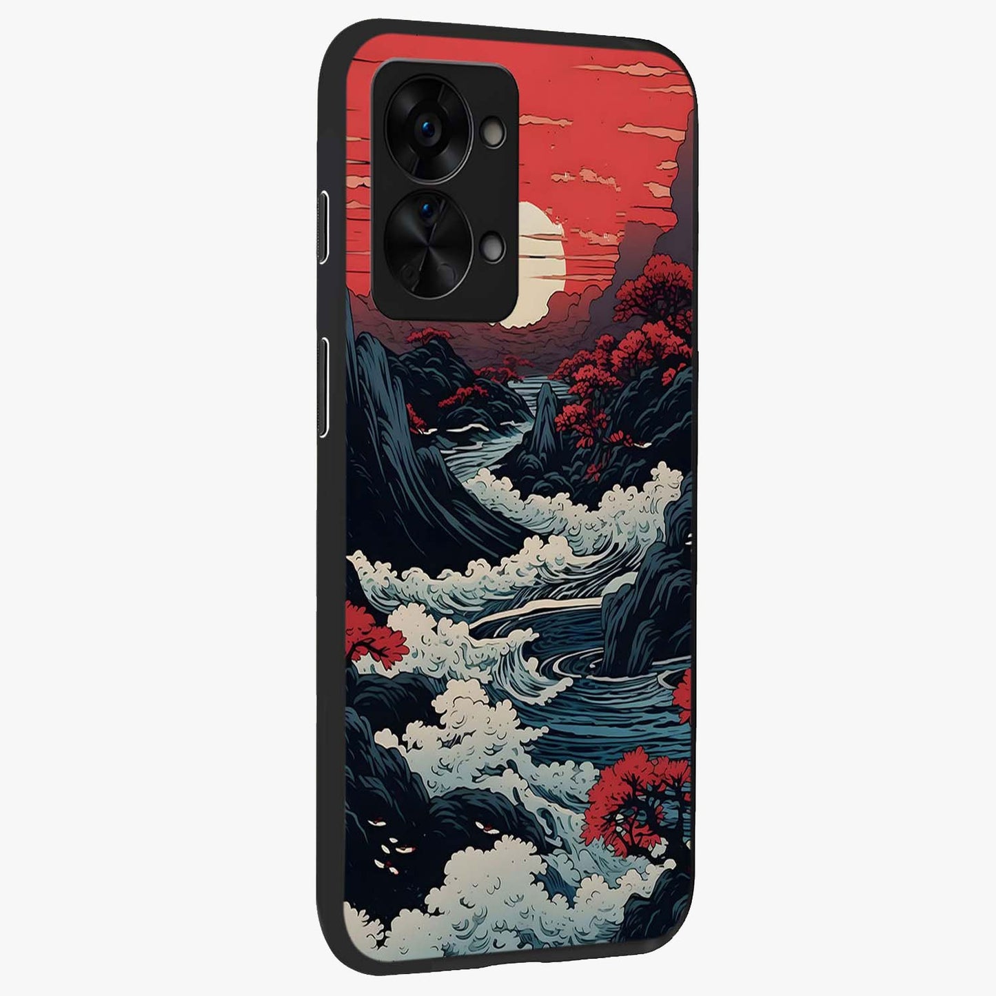 Red Sunset Scenery Glass Case for 1+Nord 2T side perspective highlighting calming horizon textures and premium edges