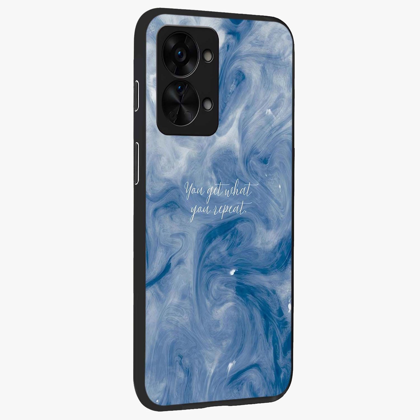 Repeat Your Destiny Glass Case for 1+Nord 2T side perspective highlighting strong text textures and premium edges