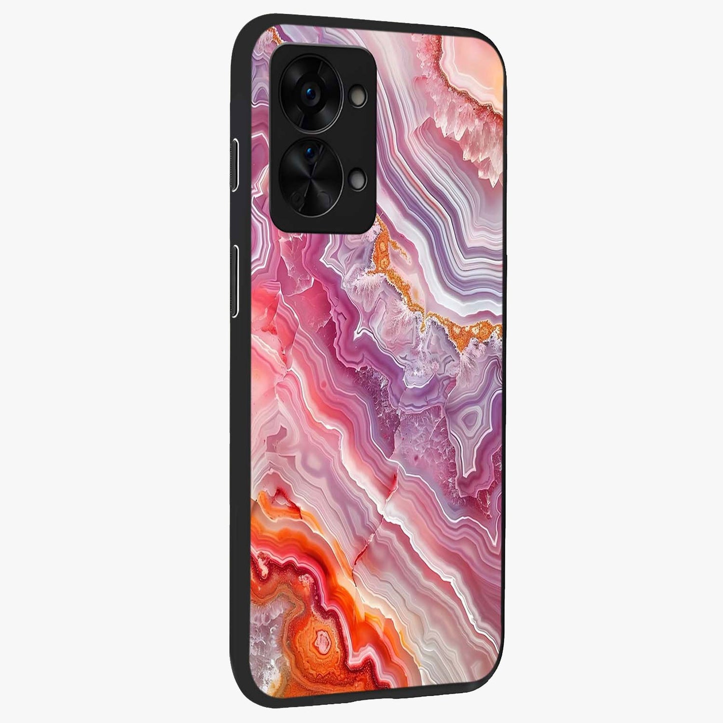 Rose Quartz Marble Glass Case for 1+Nord 2T side perspective highlighting refined marble textures and sleek premium build
