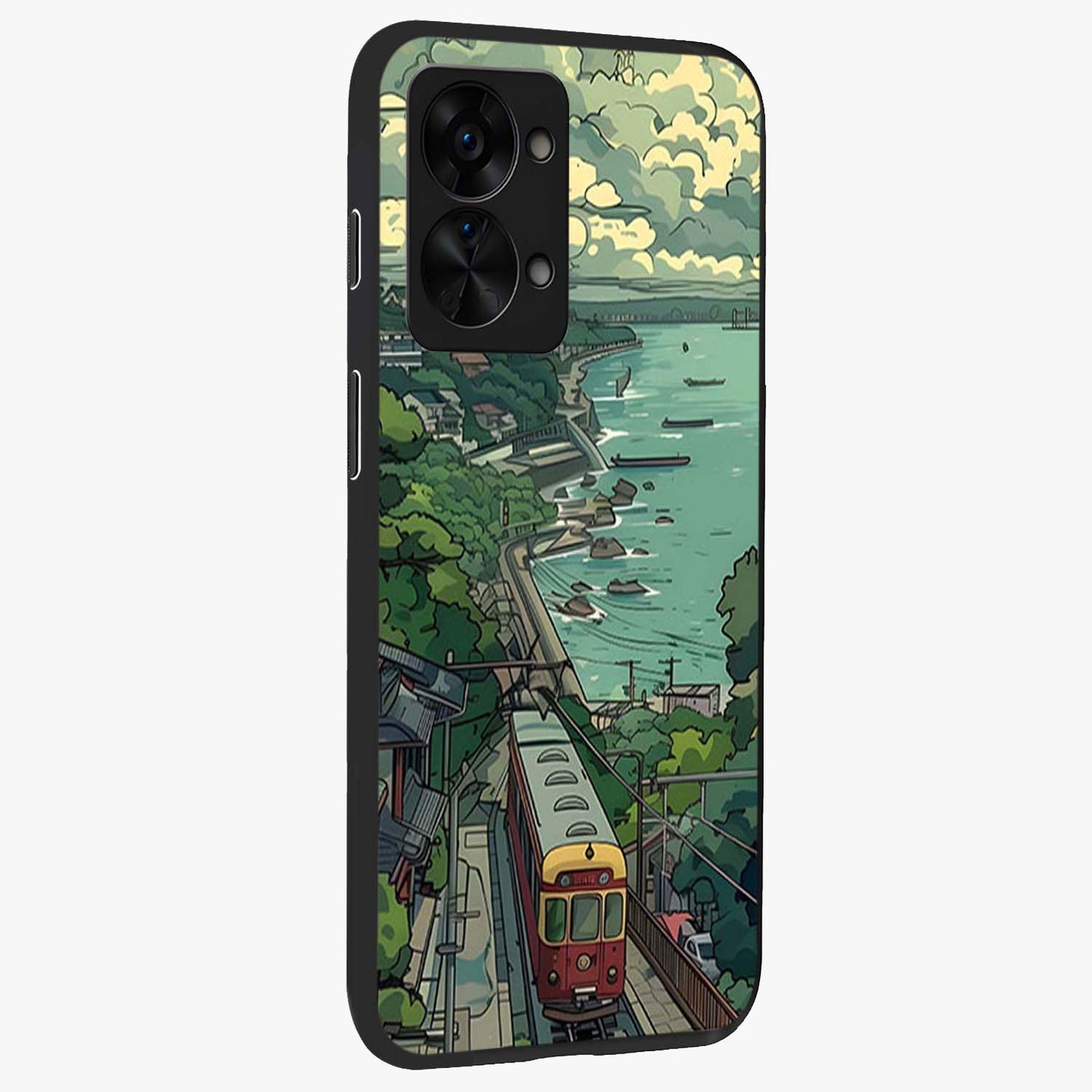 Seaside Train Ride Glass Case for 1+Nord 2T side perspective highlighting detailed scenery textures and premium edges