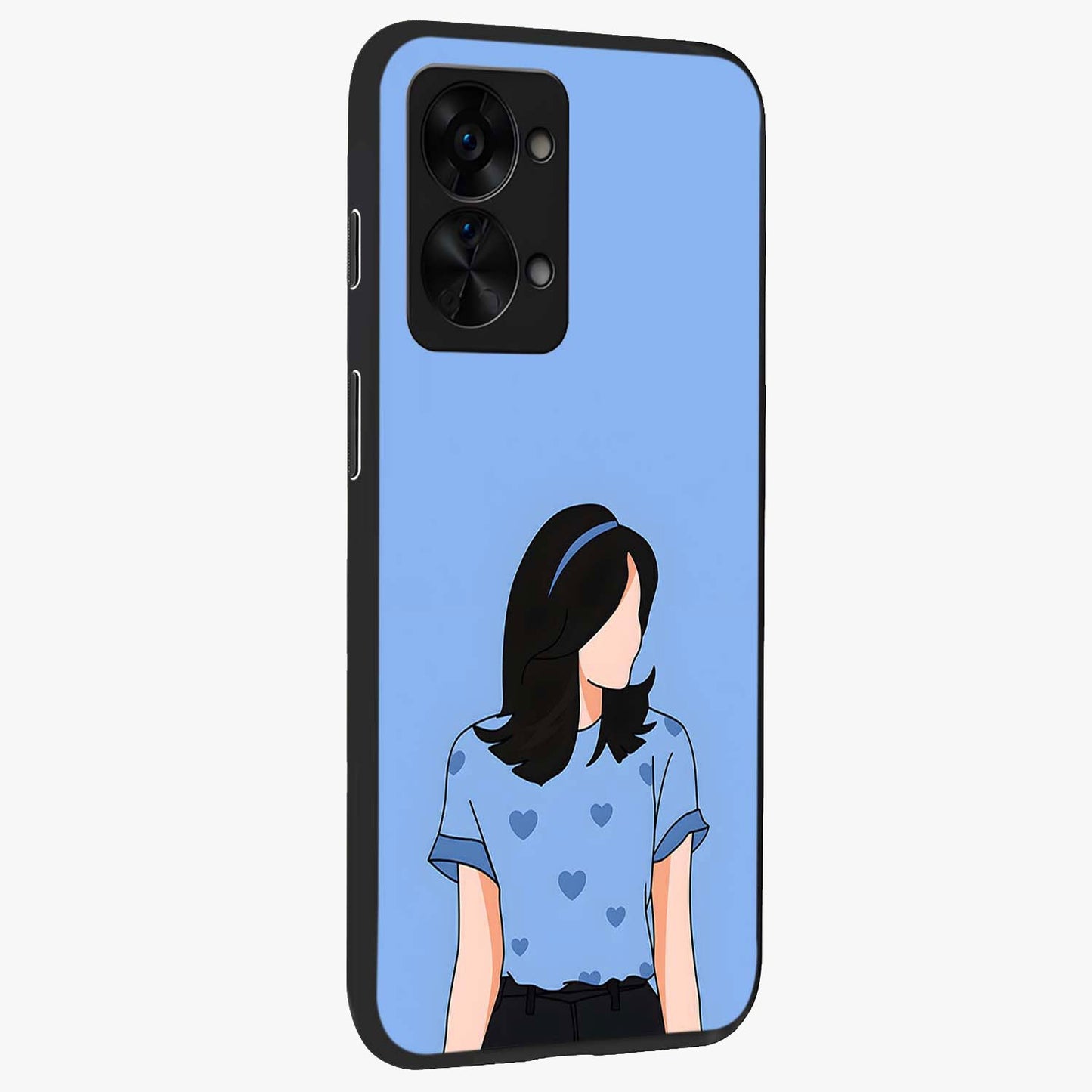 Soft Hearts Girl Glass Case for 1+Nord 2T side perspective highlighting delicate illustration textures and smooth build