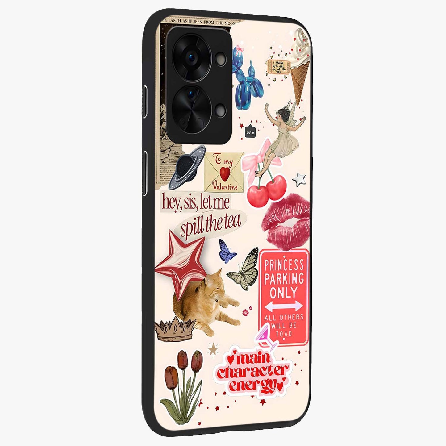 Spill the Tea Retro Collage Glass Case for 1+Nord 2T side perspective highlighting layered textures and sleek build