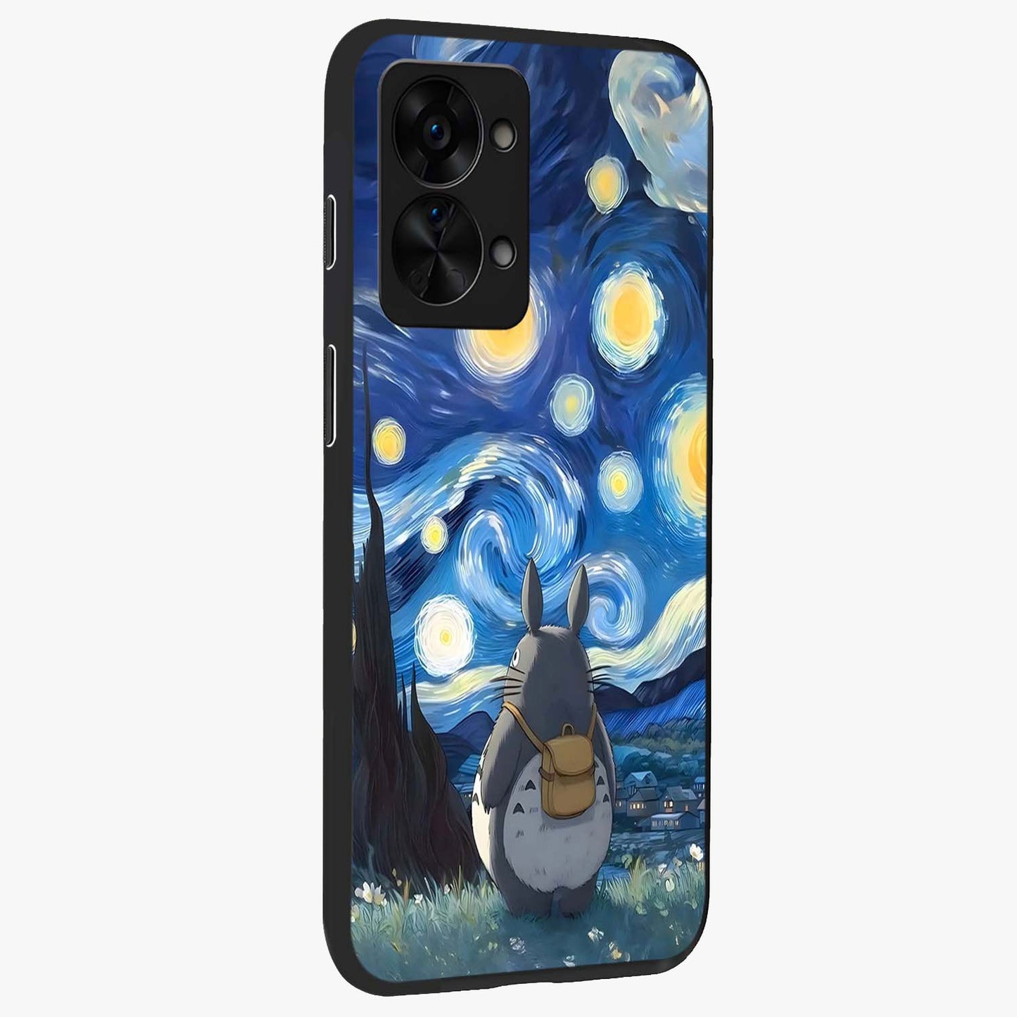 Totoro in Van Gogh Art Glass Case for 1+Nord 2T side perspective highlighting textured artistic patterns and premium edges