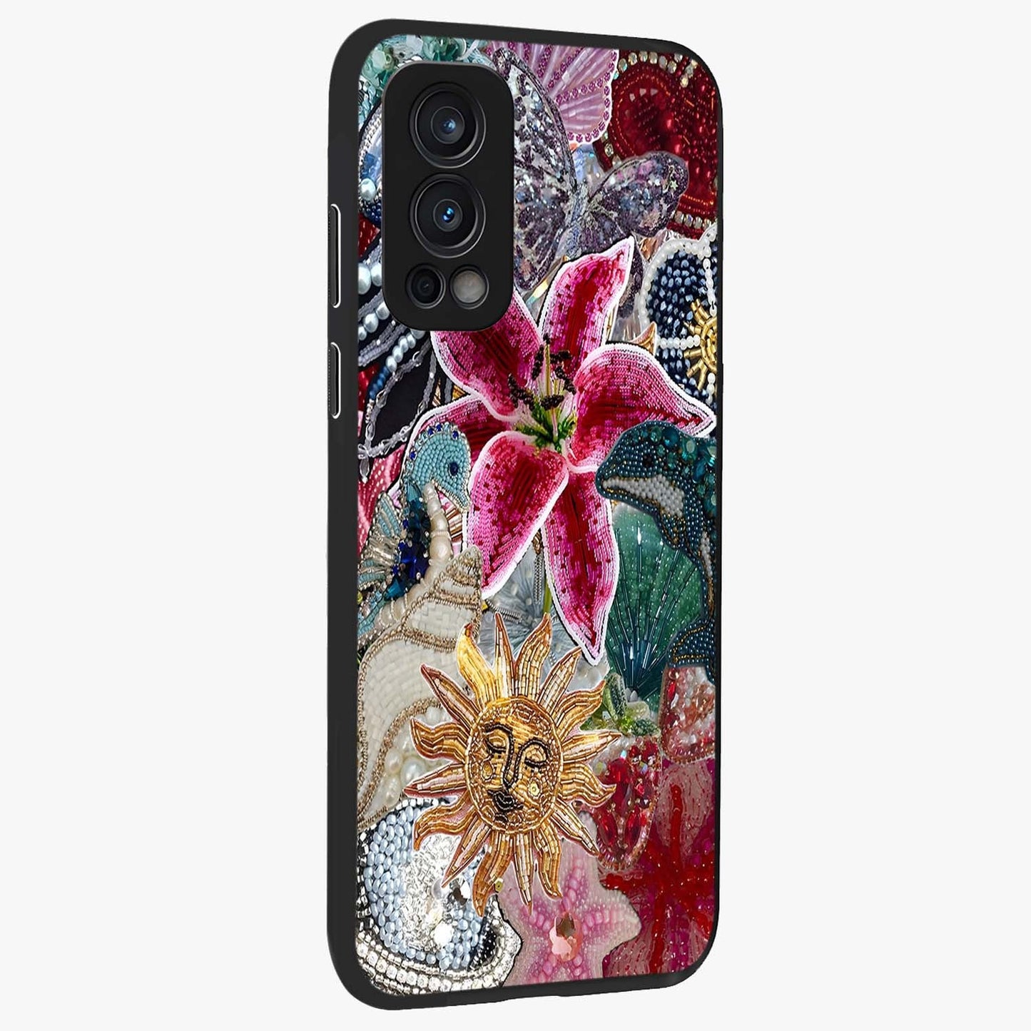 Beaded Garden Fantasy Glass Case upright view showcasing whimsical garden aesthetic with artistic bead details.