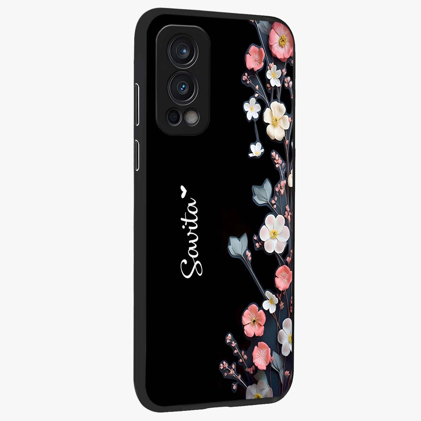 Black Elegance Floral Custom Name Glass Case upright view showcasing luxurious black floral design with personalized name detail.