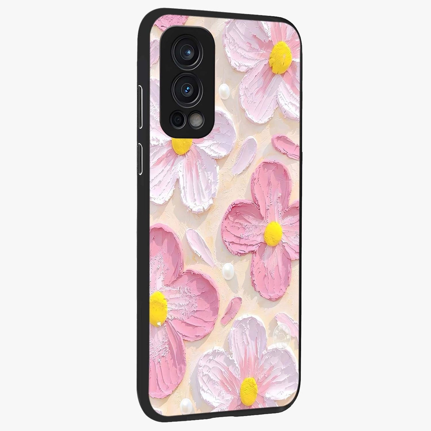 Blush Bloom Texture Glass Case upright view showcasing delicate blush floral texture with modern minimal style.