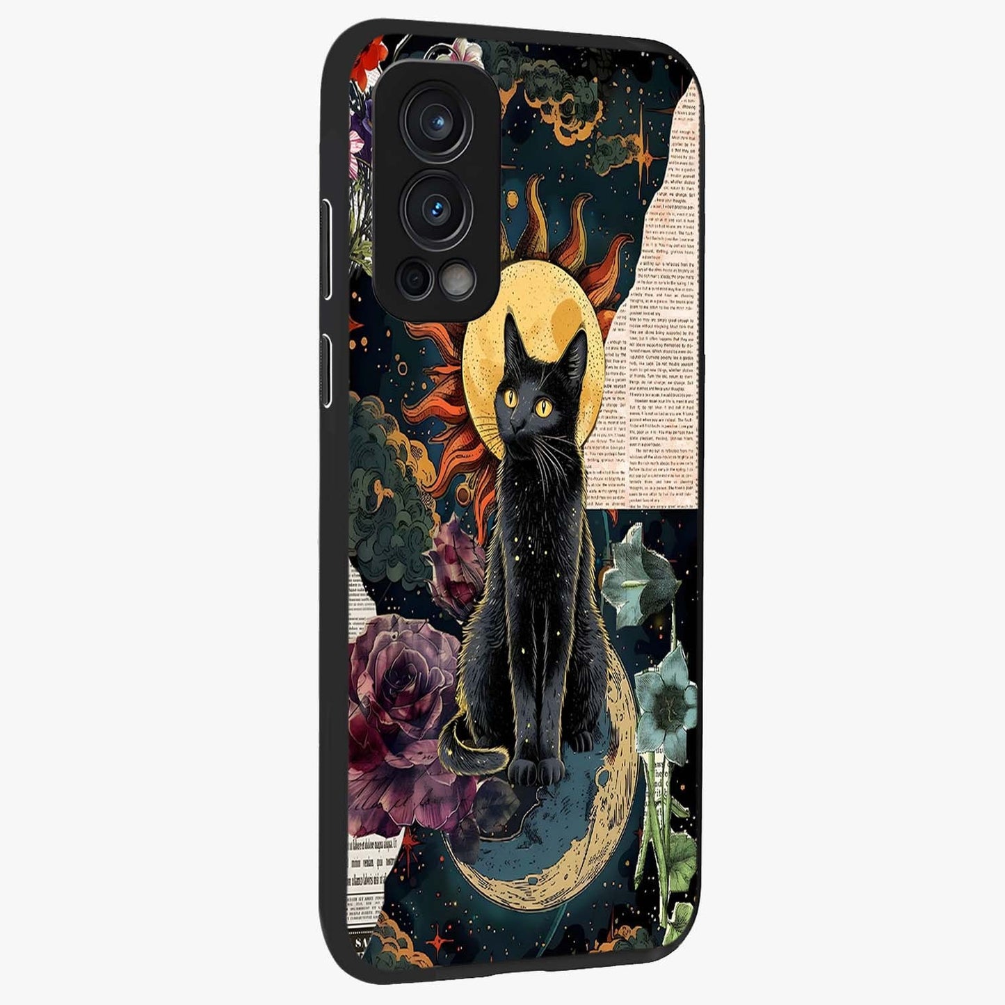 Celestial Black Cat Glass Case upright view showcasing magical black cat illustration with starry cosmic theme.
