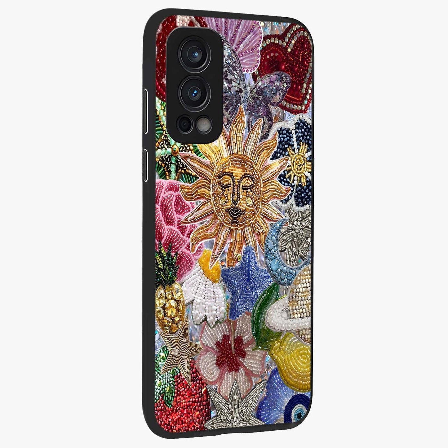 Celestial Floral and Playful Glass Case upright view showcasing whimsical floral artwork with cosmic aesthetic theme.