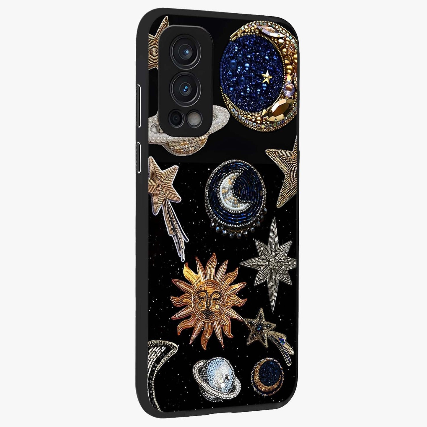Celestial Gem Constellations Glass Case upright view showcasing cosmic constellation artwork with celestial aesthetic style.