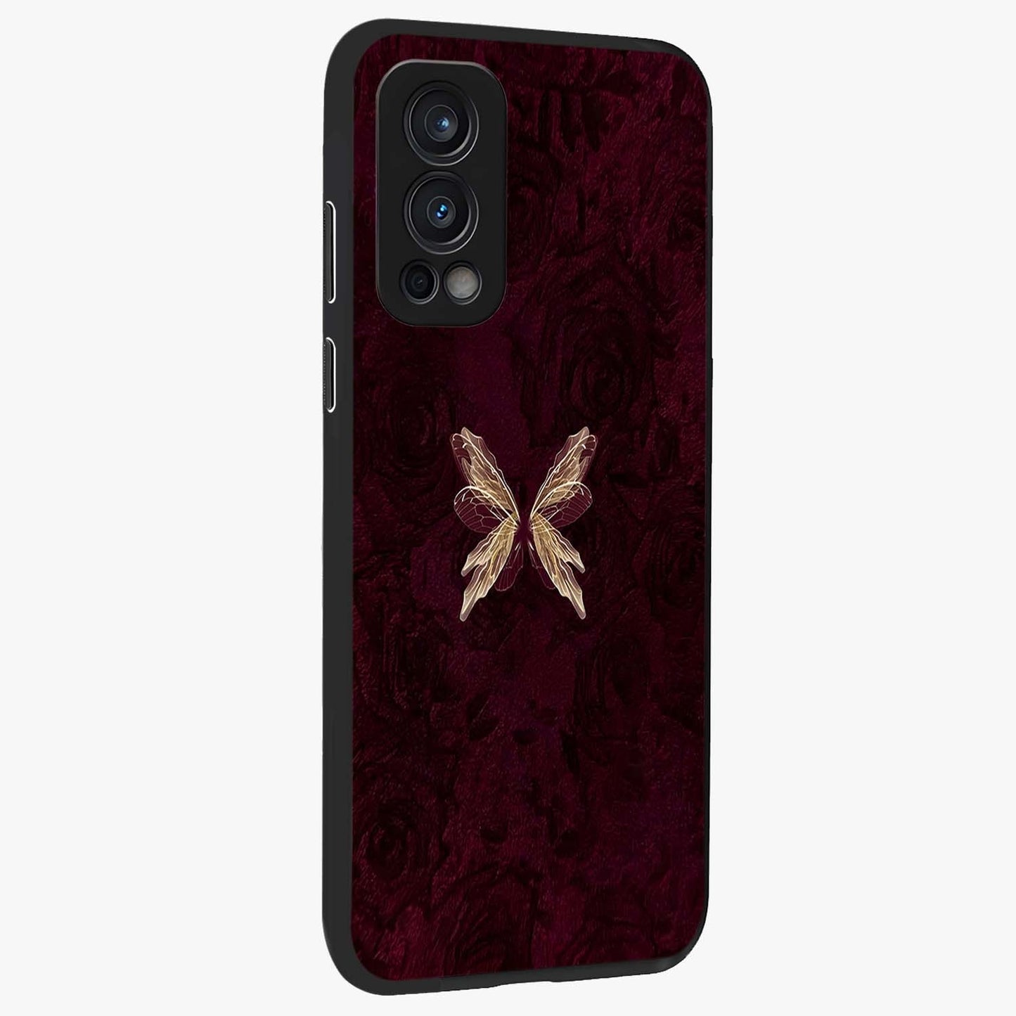 Crimson Fade Butterfly Glass Case upright view showcasing graceful butterfly artwork with soft crimson fade effect.