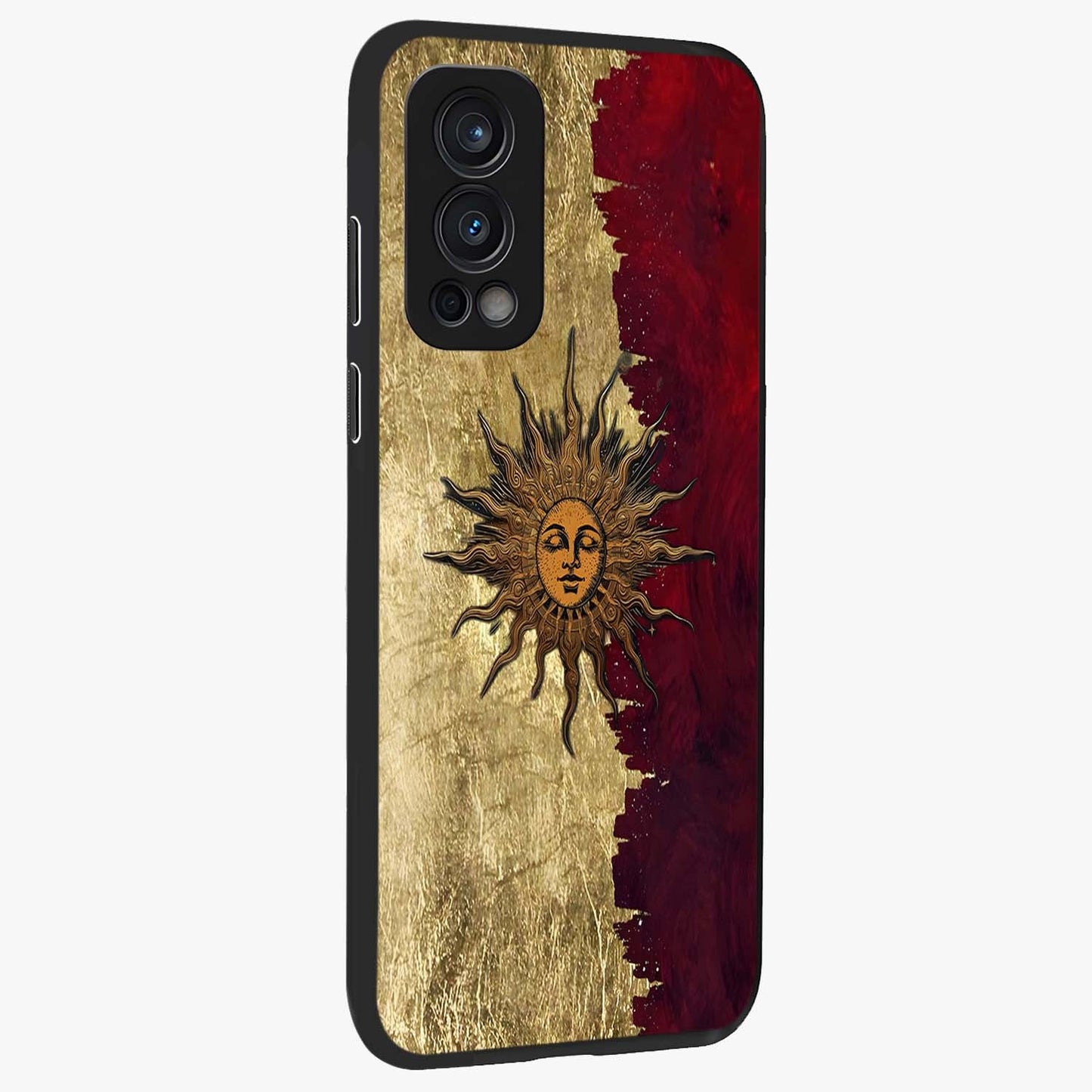 Crimson Sun Majesty Glass Case upright view showcasing vibrant sun artwork with powerful celestial theme.