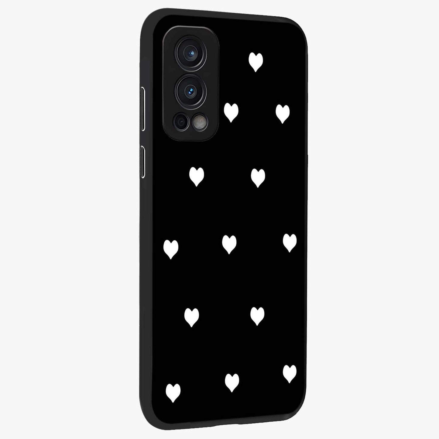 Cute And Simple White Hearts Glass Case upright view showcasing simple white hearts artwork with soft minimal theme.