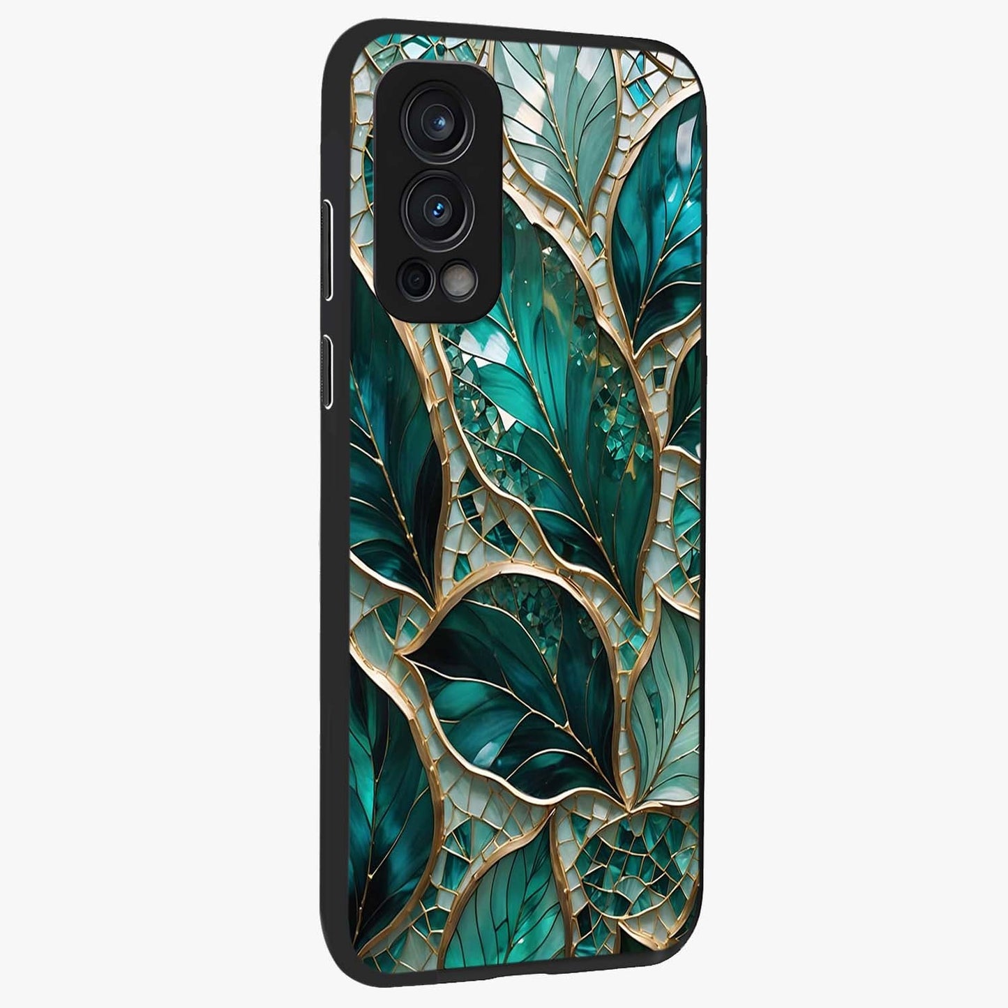 Emerald Leaf Glass Glass Case upright view showcasing fresh green leaf artwork with calming nature inspired style.