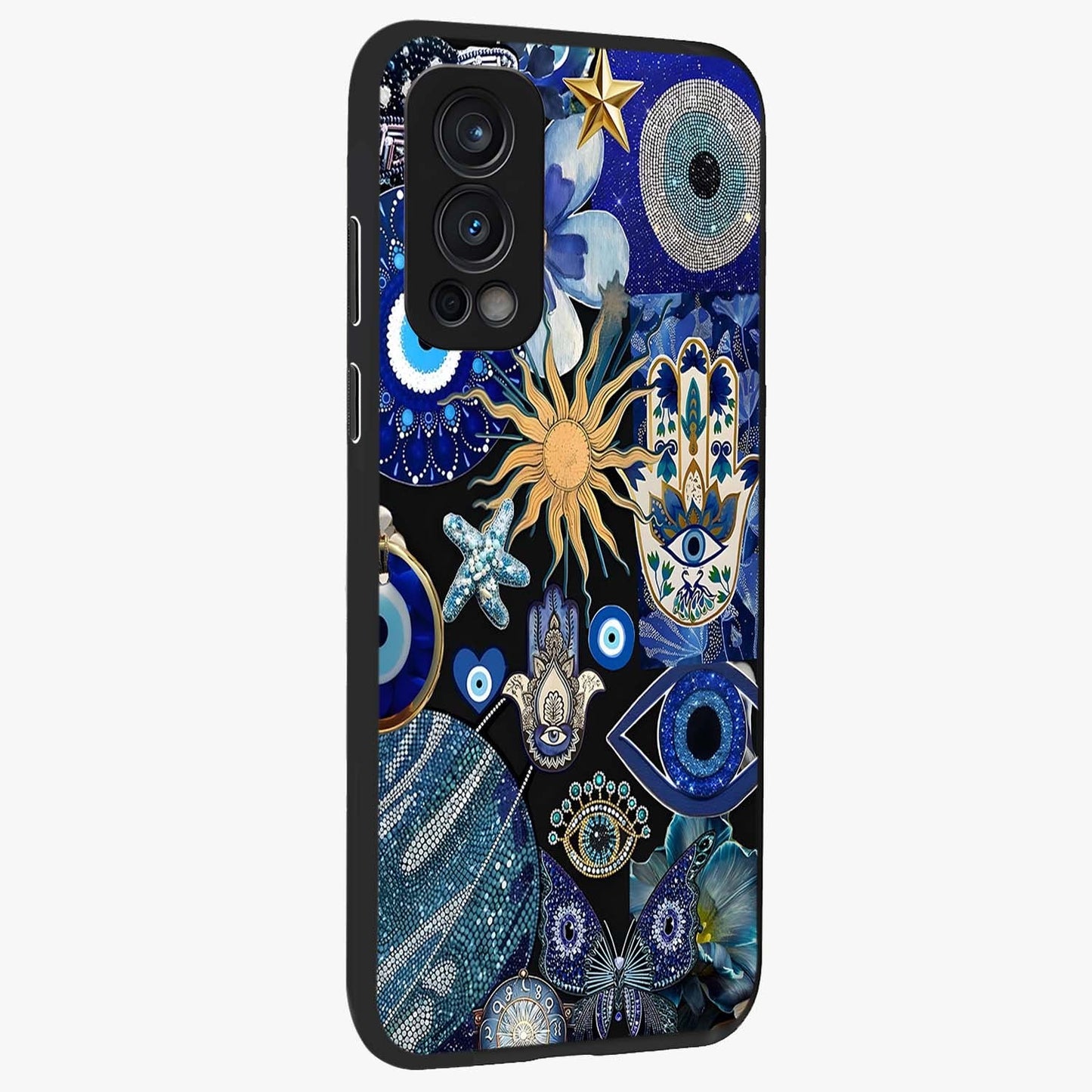 Evil Eye Charm Mix Glass Case upright view showcasing mystical evil eye pattern with vibrant decorative style.