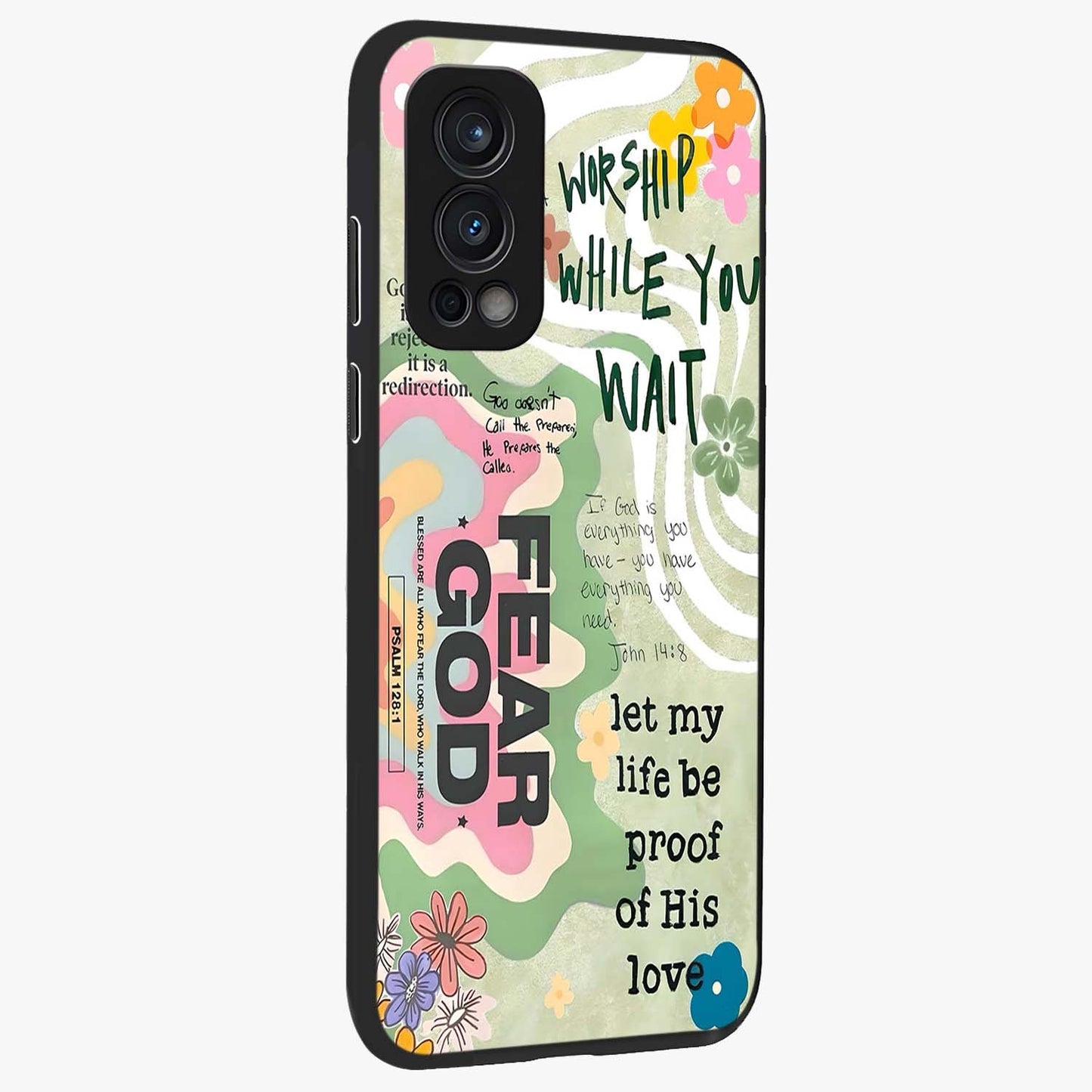 Faith Over Fear Glass Case upright view showcasing bold typography artwork with uplifting motivational theme.