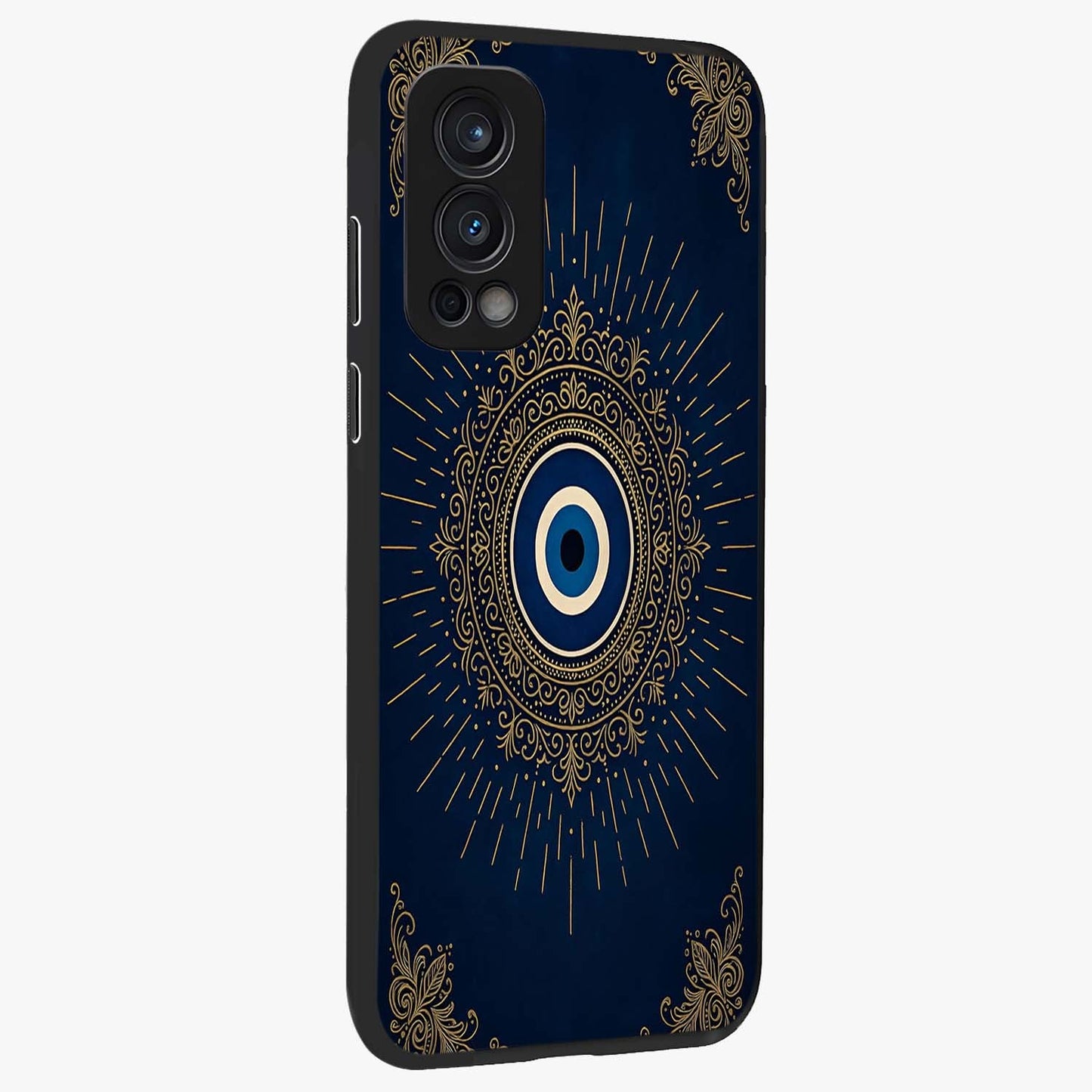 Golden Celestial Charm Glass Case upright view showcasing radiant celestial artwork with elegant golden theme.