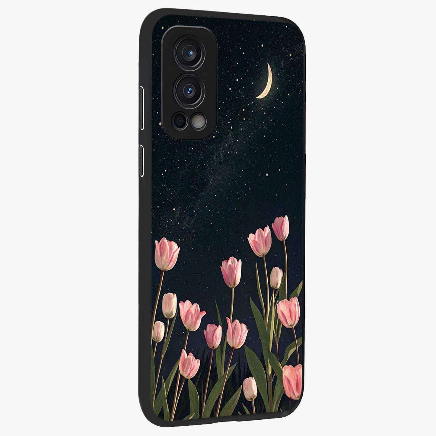 Midnight Tulip Whispers Vibe Glass Case upright view showcasing graceful tulip artwork with calm botanical theme.
