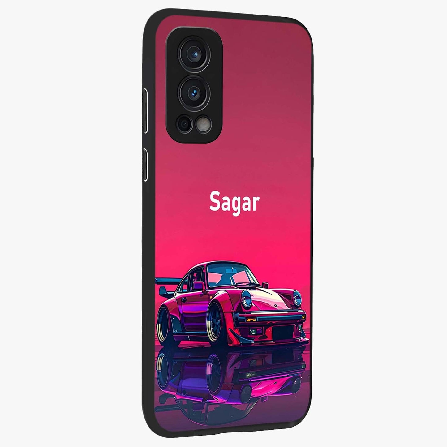 Neon Pink Porsche Glass Case upright view showcasing vibrant sports car artwork with bold automotive theme.