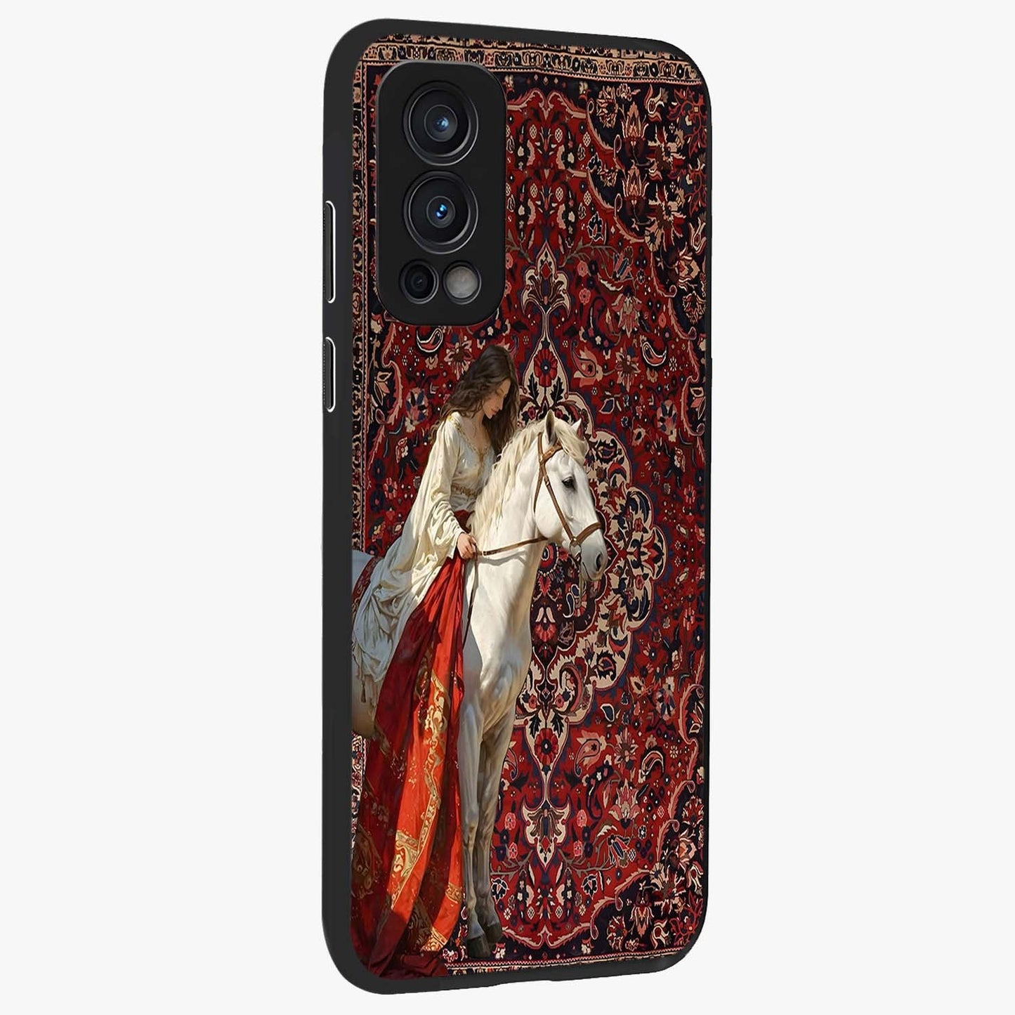 Royal Rider Tapestry Glass Case upright view showcasing detailed rider artwork with classic tapestry theme.
