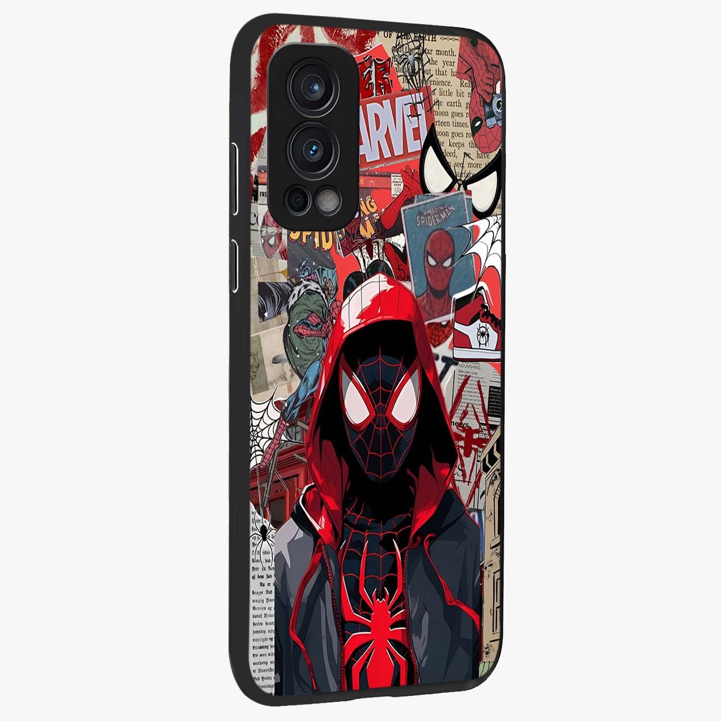 Spider Collage Street Glass Case upright view showcasing bold superhero artwork with urban street theme.