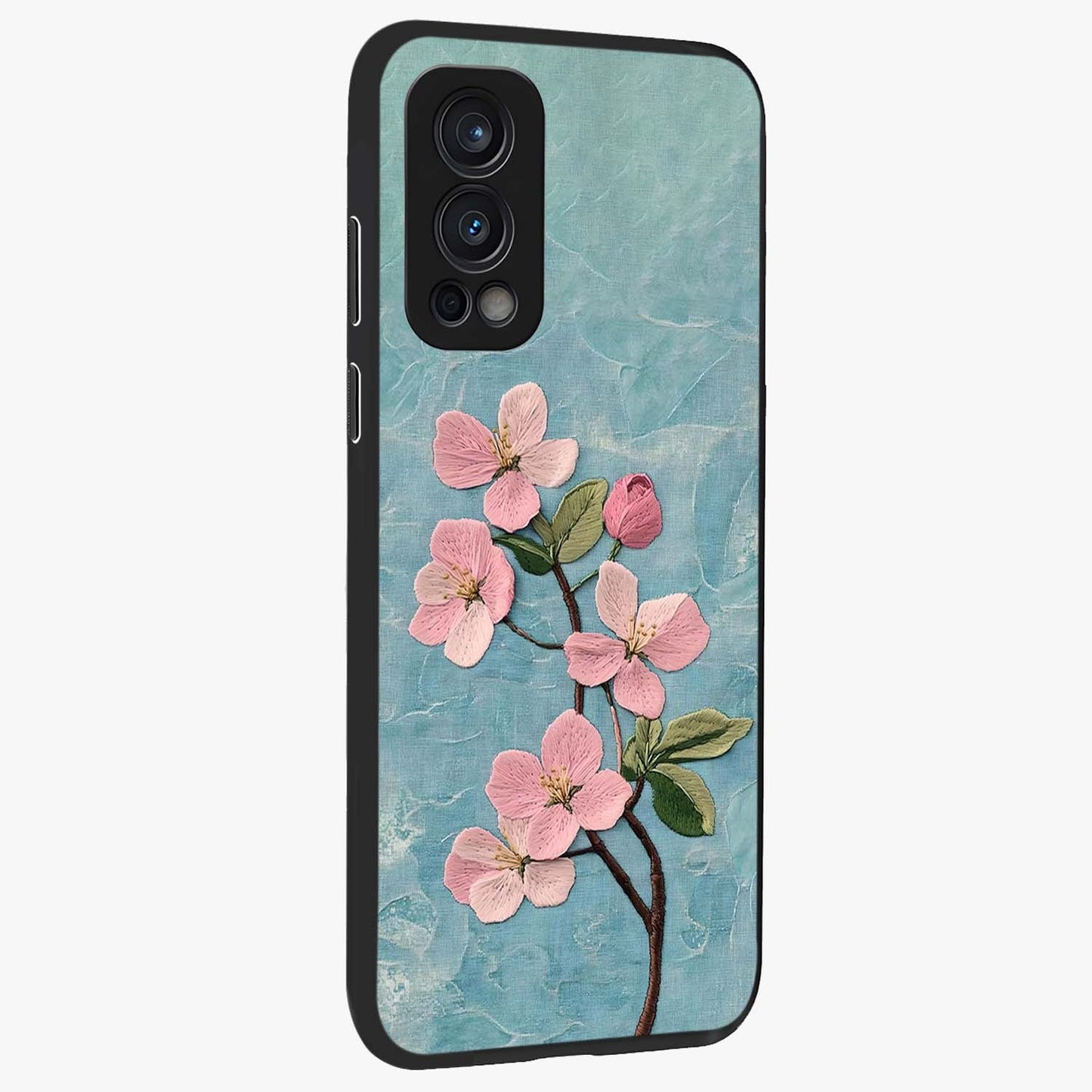 Threaded Blossom Breeze Glass Case upright view showcasing graceful flower artwork with calm botanical theme.