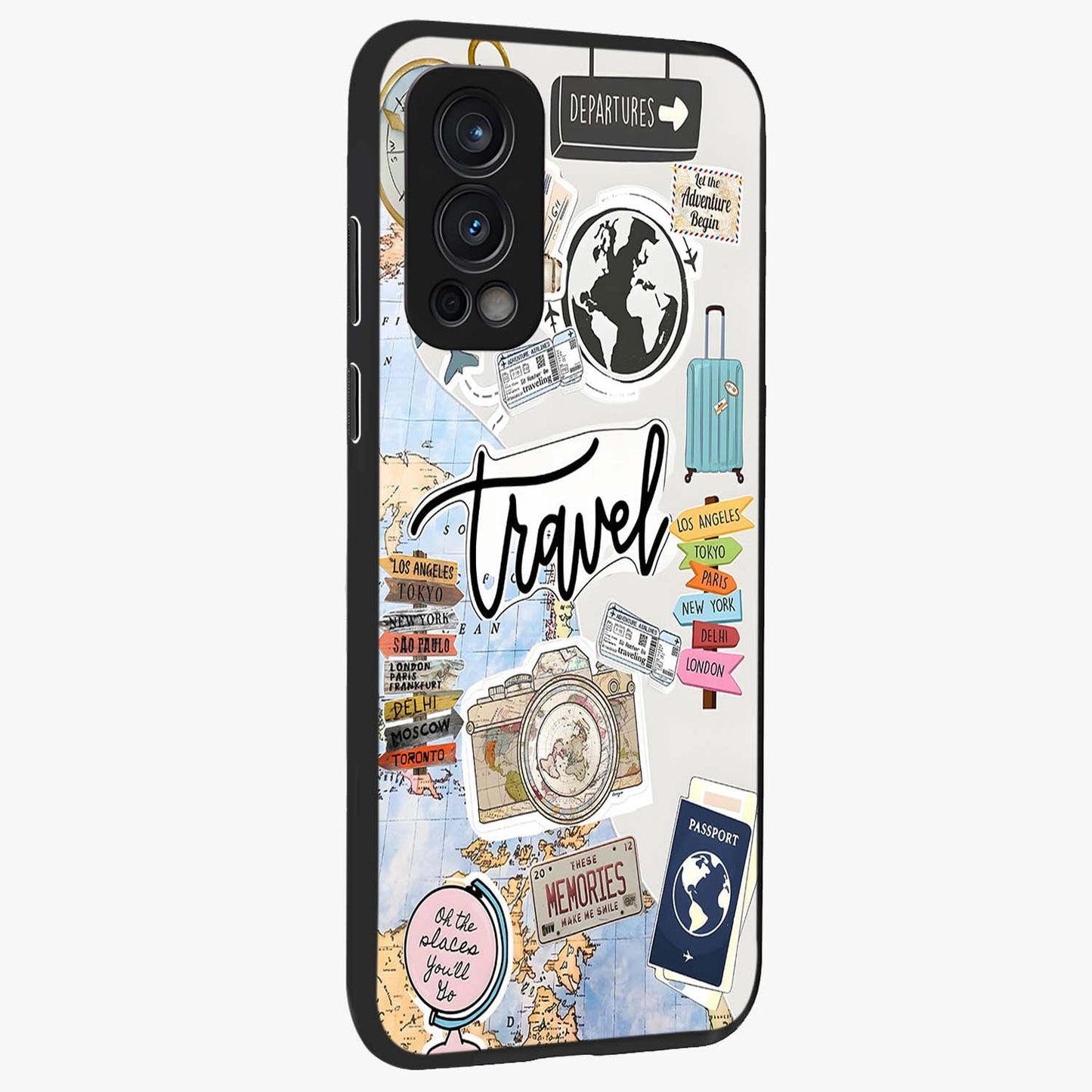 Wanderlust Journal Glass Case upright view showcasing wanderlust inspired artwork with creative exploration theme.