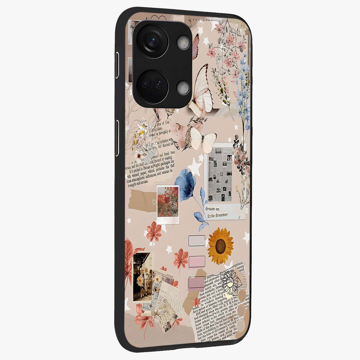 Aesthetic Butterfly Glass Case for 1+Nord 3 side perspective highlighting premium edges and butterfly illustration