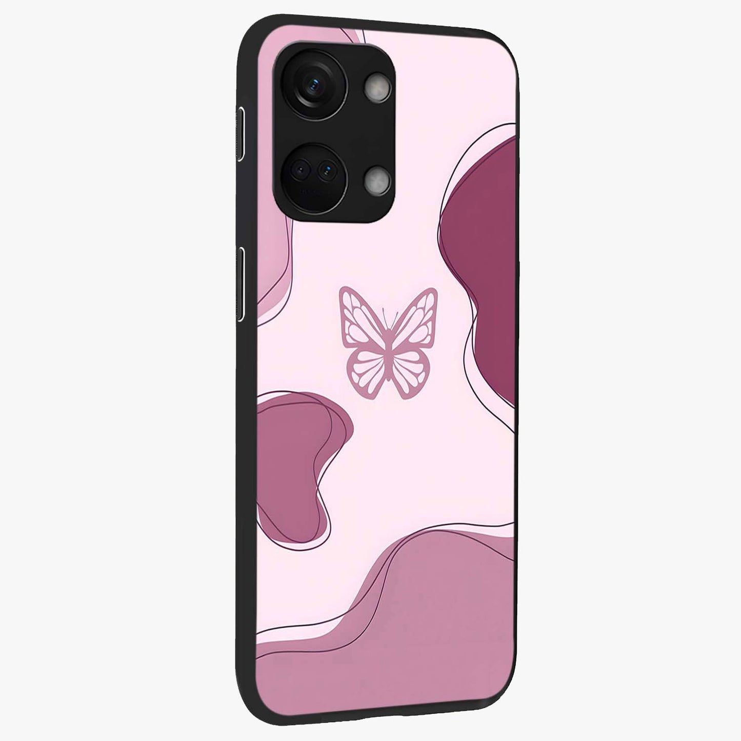 Aesthetic Pinkish Custom Name Butterfly Glass Case for 1+Nord 3 side perspective highlighting premium edges and butterfly detailing