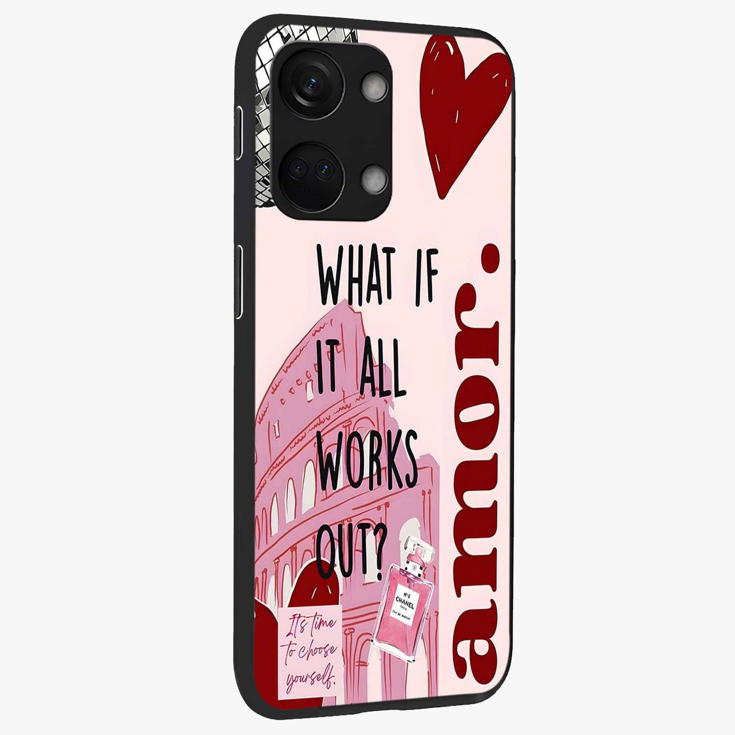 Amor Memory Scrapbook Glass Case for 1+Nord 3 side perspective highlighting aesthetic scrapbook detailing