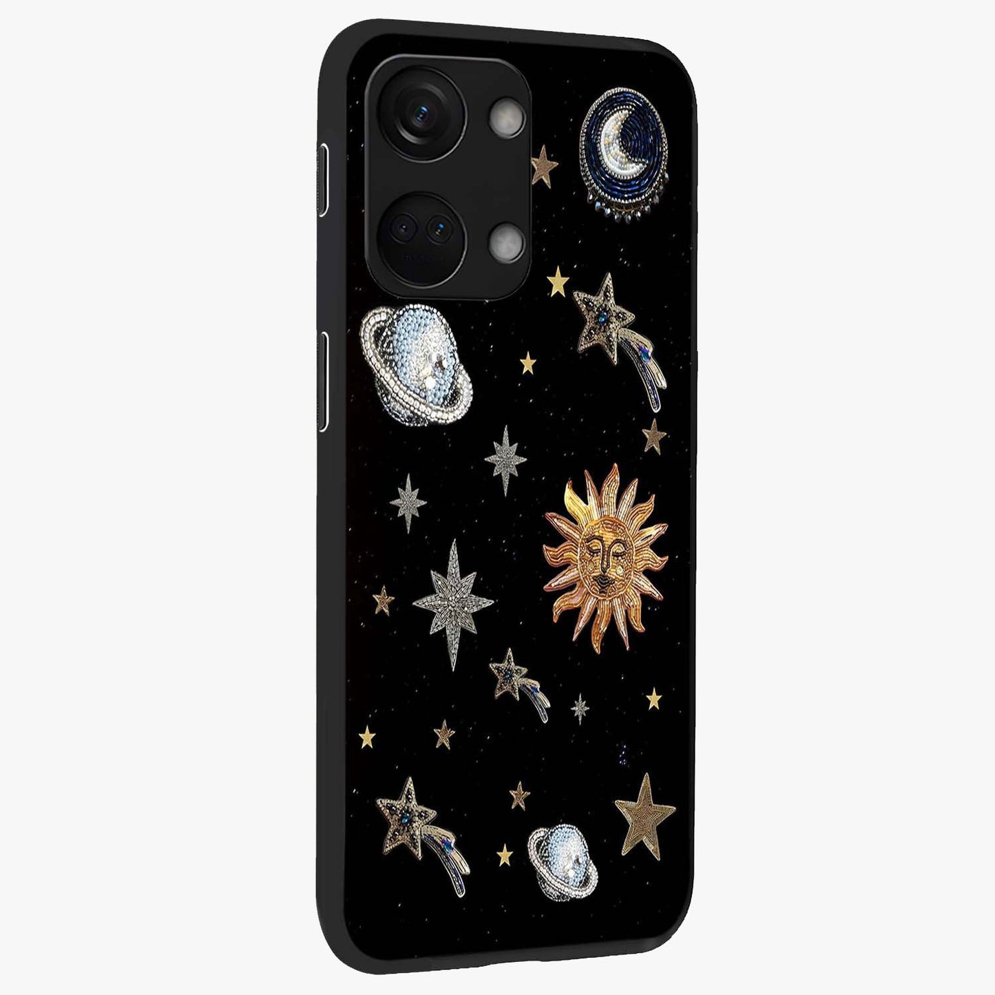 Beaded Cosmic Dreams Glass Case for 1+Nord 3 side perspective highlighting intricate beaded cosmic textures