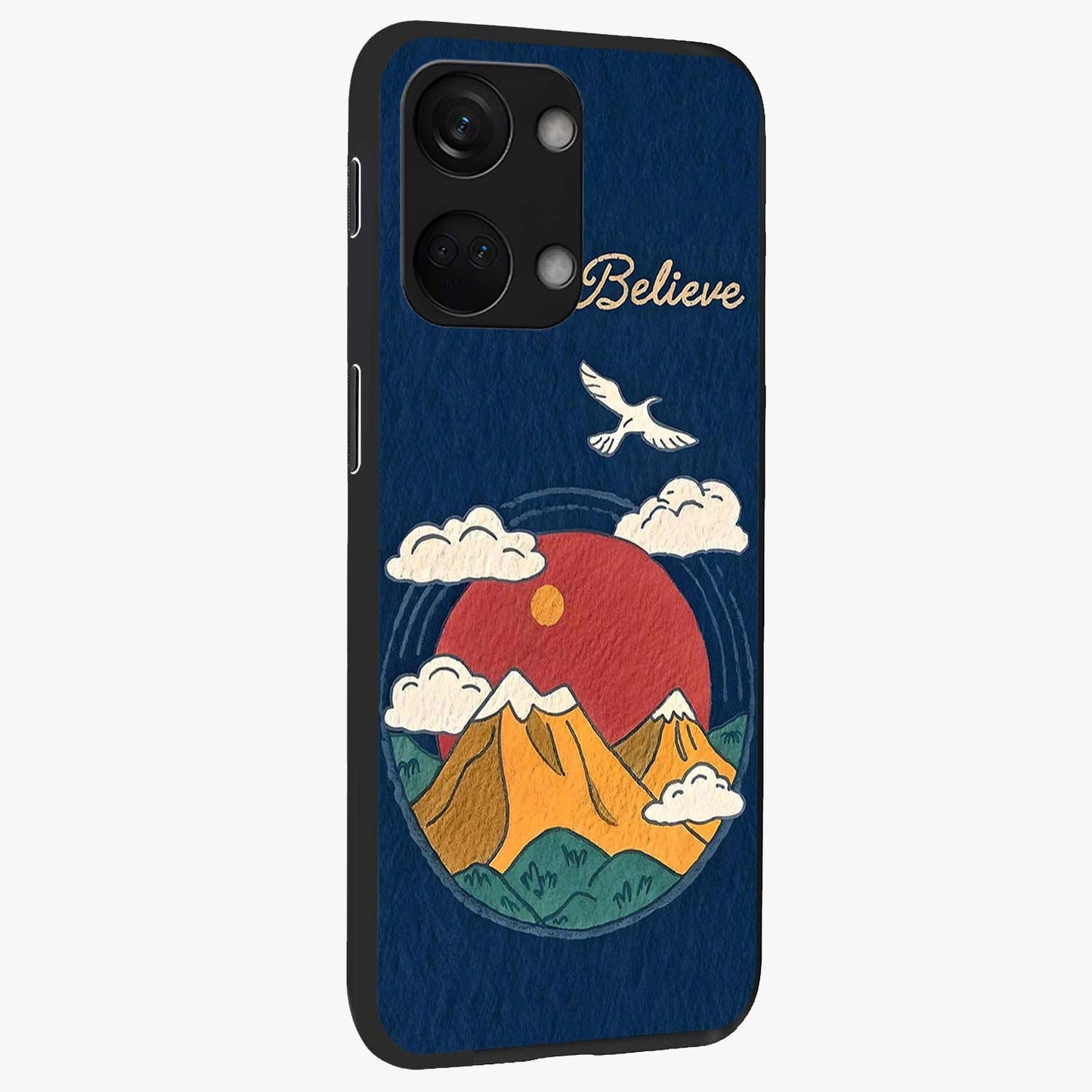 Believe Sky Escape Glass Case for 1+Nord 3 side perspective highlighting motivational typography and smooth edges