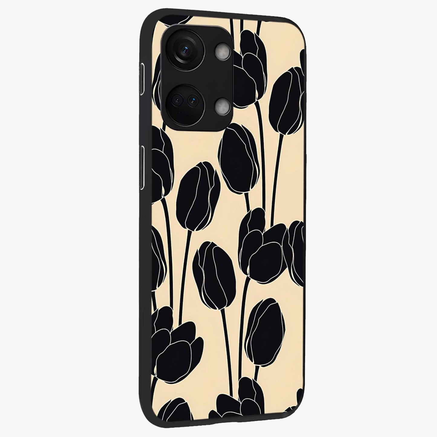 Black Designer Tulip Glass Case for 1+Nord 3 side perspective highlighting bold contrast and stylish tulip illustration