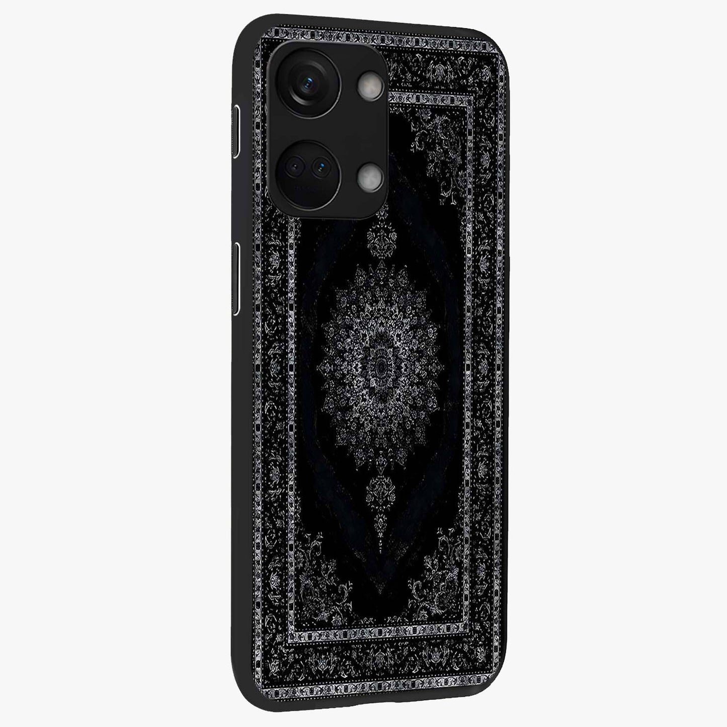 Black Persian Carpet Glass Case for 1+Nord 3 side perspective highlighting classic pattern textures and premium build