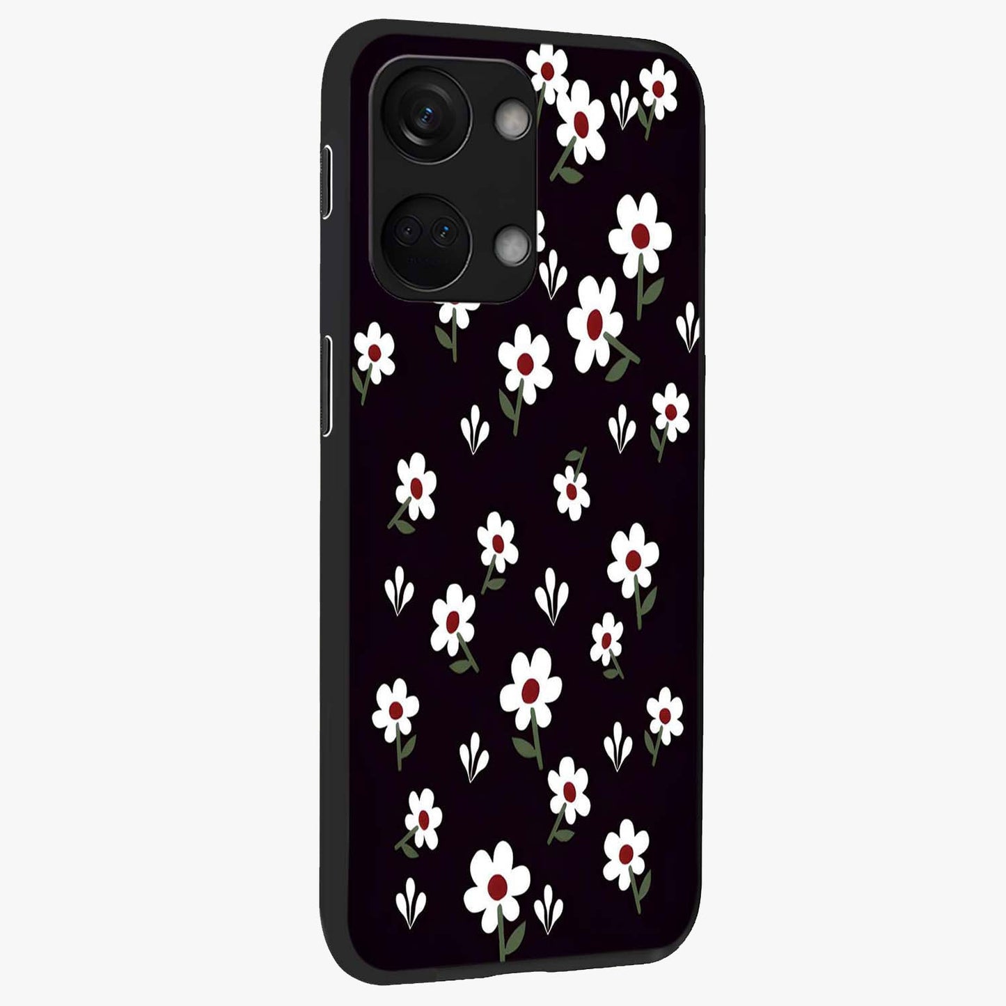 Black Prints Daisy Flower Pattern Glass Case for 1+Nord 3 side perspective highlighting delicate daisy details and smooth edges