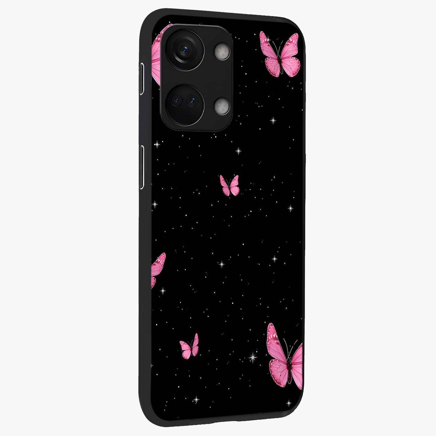 Blinking Butterfly Glass Case for 1+Nord 3 displayed upright for graceful aesthetic visibility and premium finish.