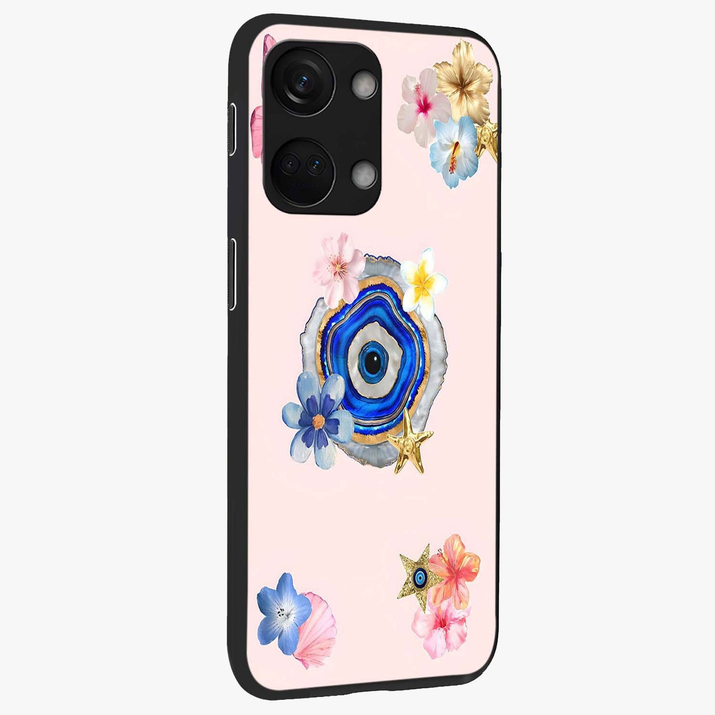 Blossom Evil Charm Glass Case for 1+Nord 3 side perspective highlighting delicate blossom detailing and bold symbol contrast