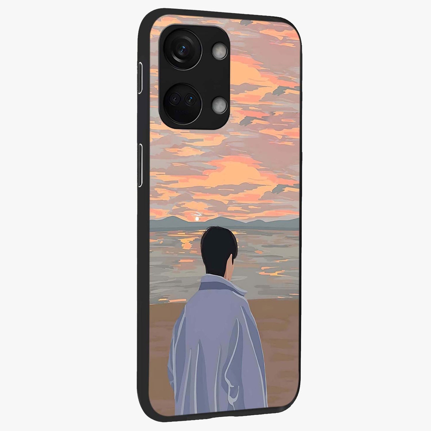 Boy Facing Sunset Beach Glass Case for 1+Nord 3 side perspective highlighting calming sunset gradients and smooth edges