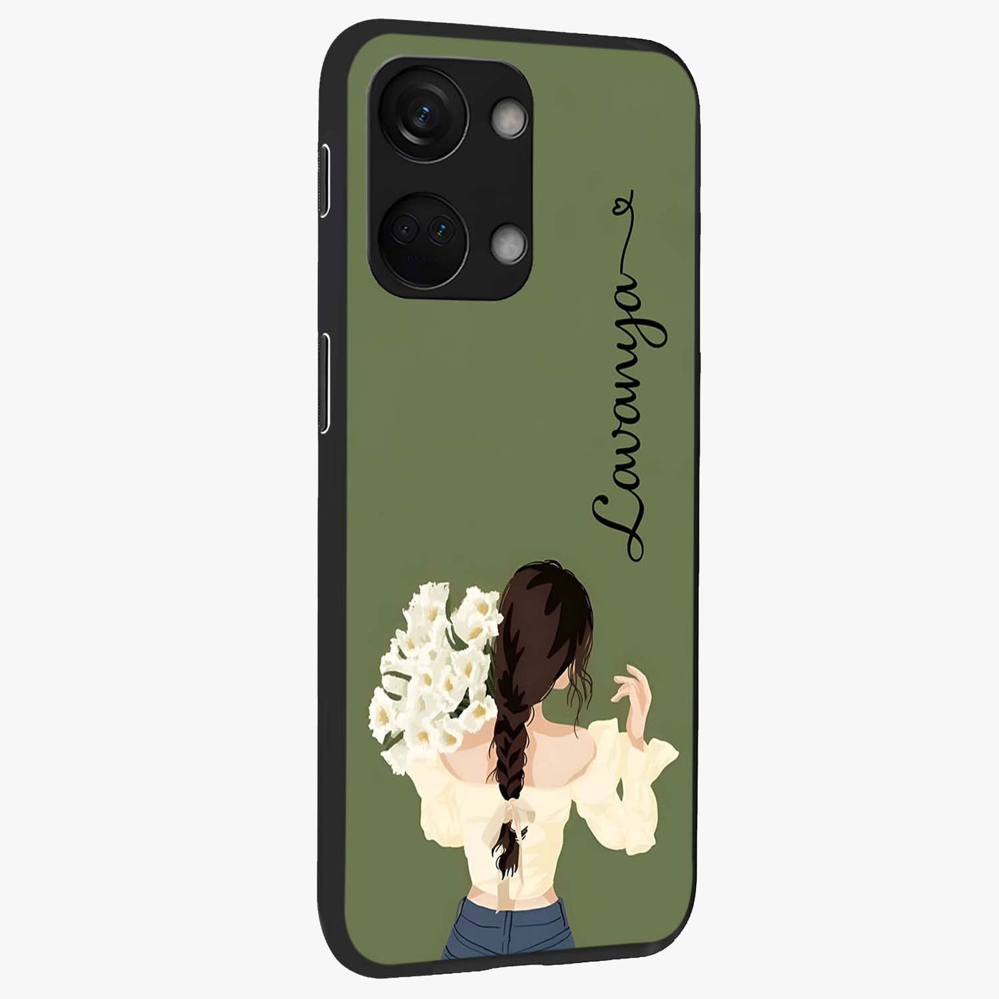 Braided Spring Beauty With Custom Name Glass Case for 1+Nord 3 side perspective highlighting custom name typography and smooth edges