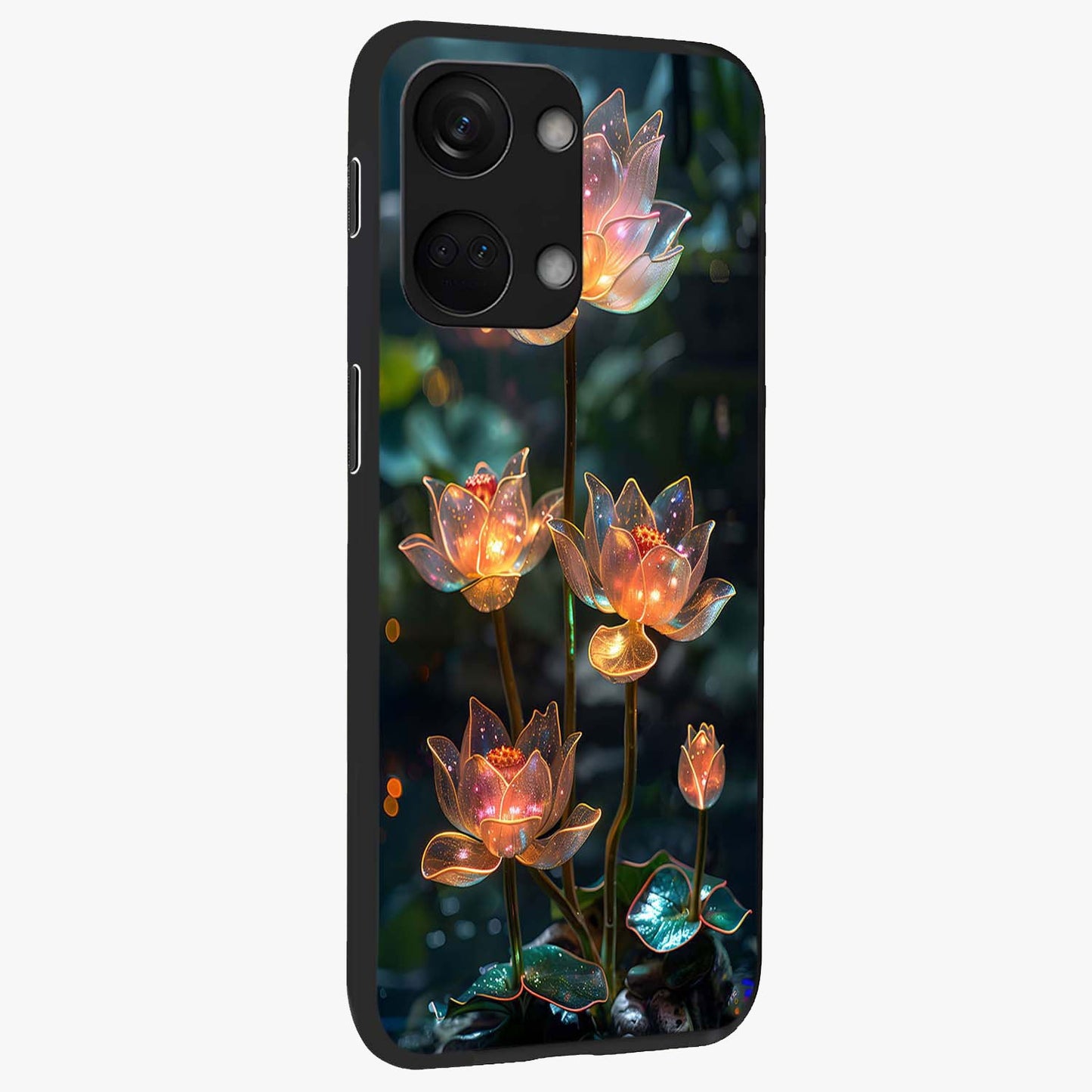 Celestial Lotus Light Glass Case for 1+Nord 3 side perspective highlighting delicate lotus detailing and premium finish