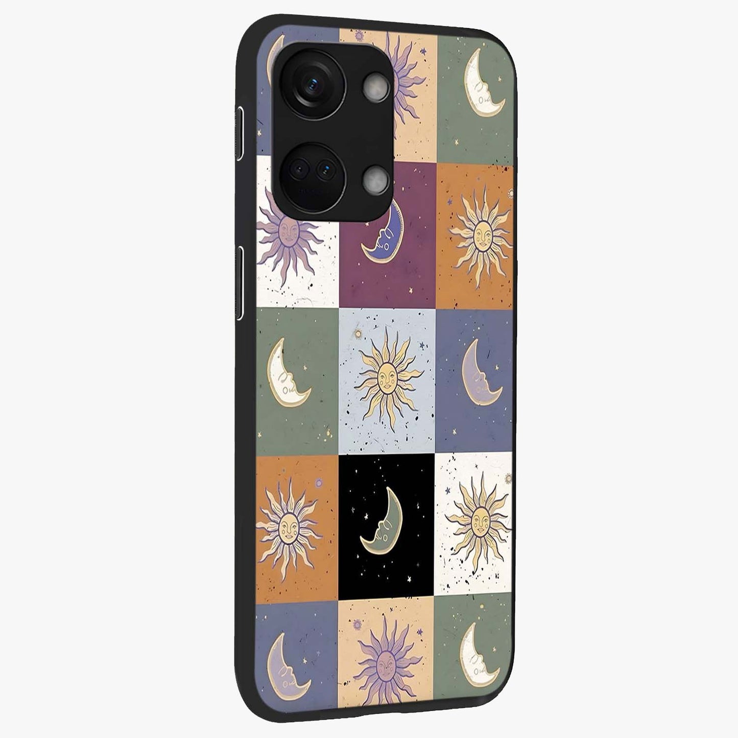 Celestial Patchwork Dreams Glass Case for 1+Nord 3 side perspective highlighting vibrant patchwork detailing and sleek edges