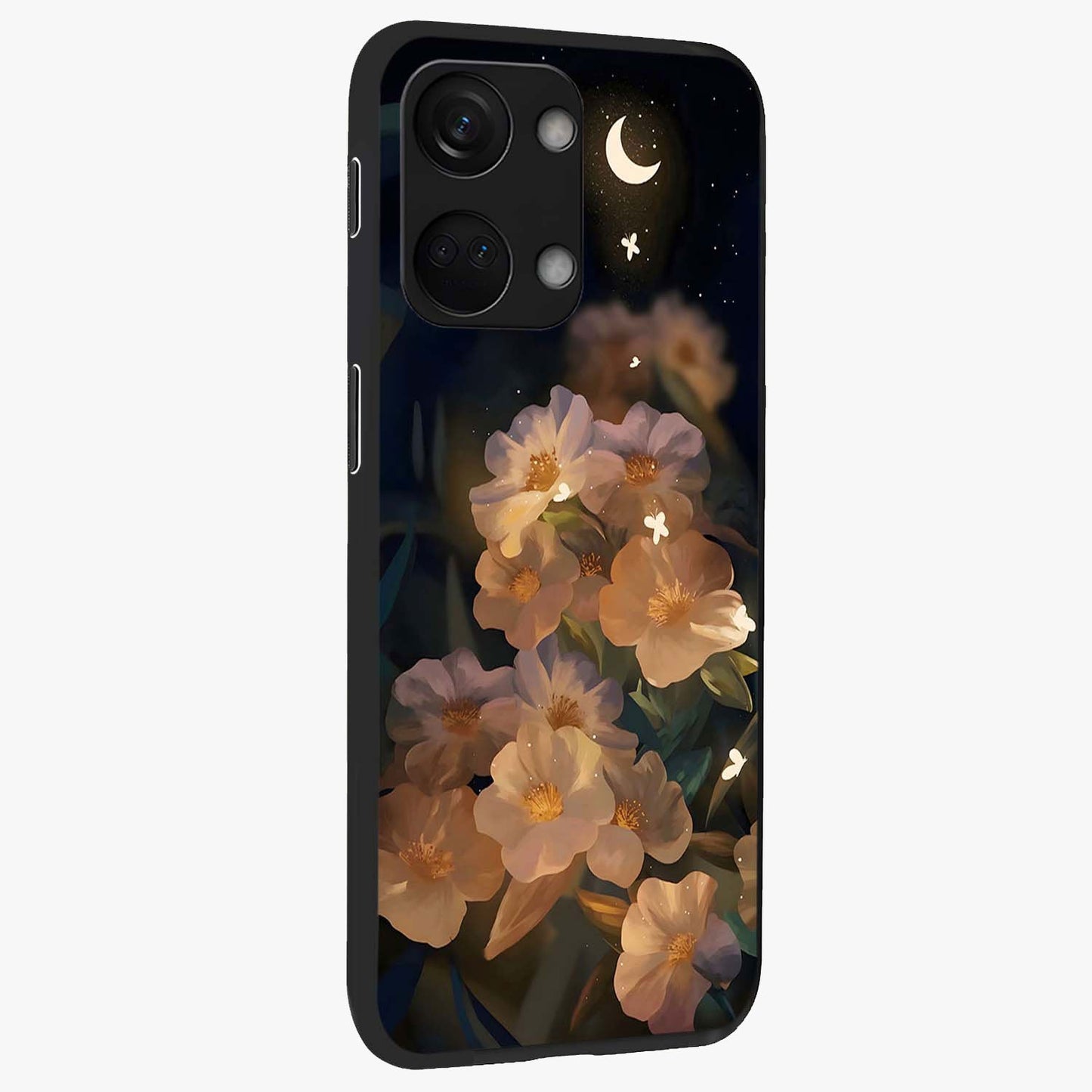 Celestial Petal Night Glass Case for 1+Nord 3 side perspective highlighting delicate petal details and premium edges