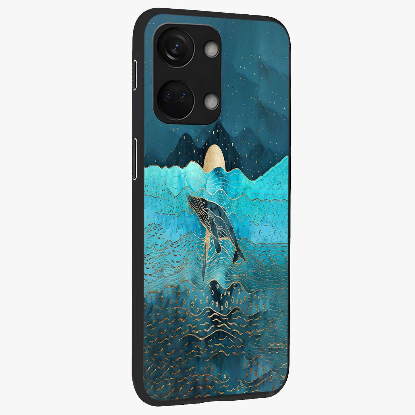 Celestial Whale Voyage Glass Case for 1+Nord 3 side perspective highlighting flowing whale illustration and premium detailing