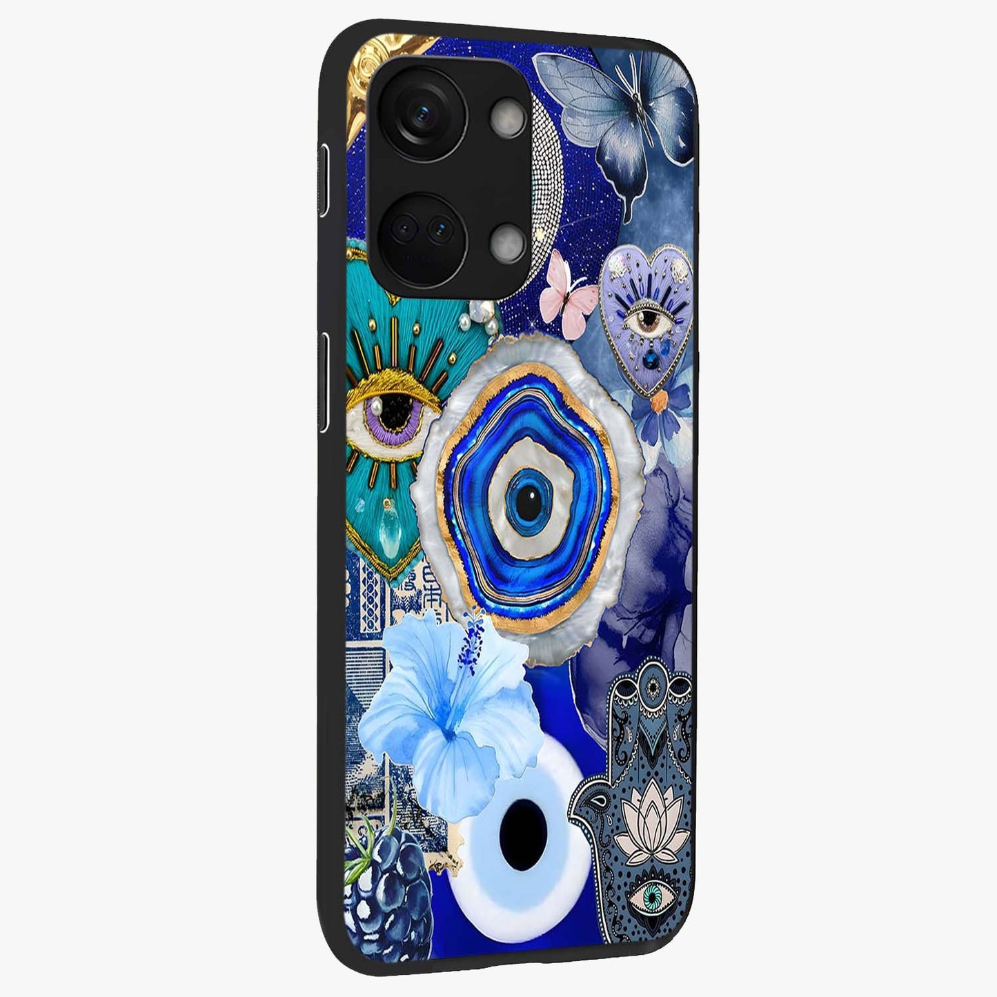 Crimson Evil Eye Charm Glass Case for 1+Nord 3 side perspective highlighting intricate charm design and smooth edges