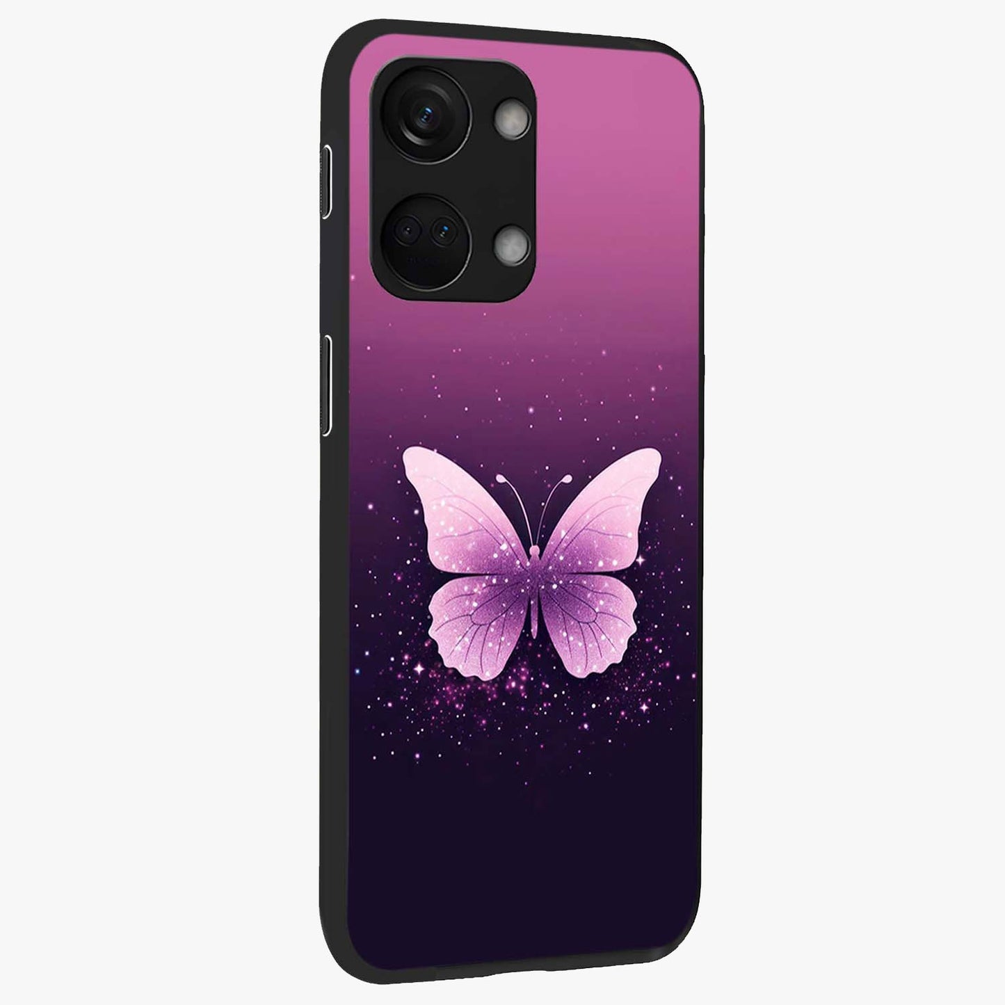 Cute Starry Butterfly Glass Case for 1+Nord 3 side perspective highlighting glowing star details and sleek edge finish