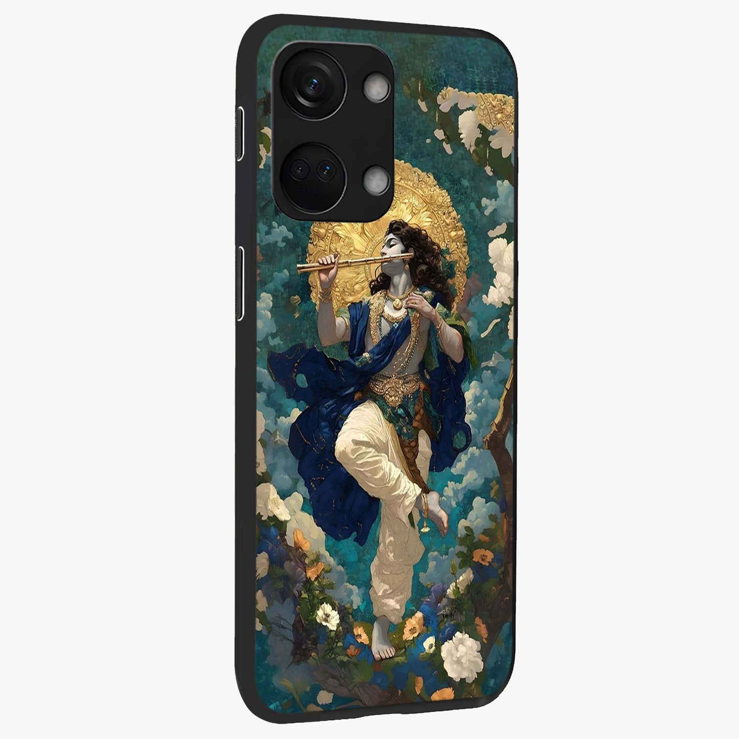 Divine Krishna Art Glass Case for 1+Nord 3 side perspective highlighting intricate divine illustration and premium edges